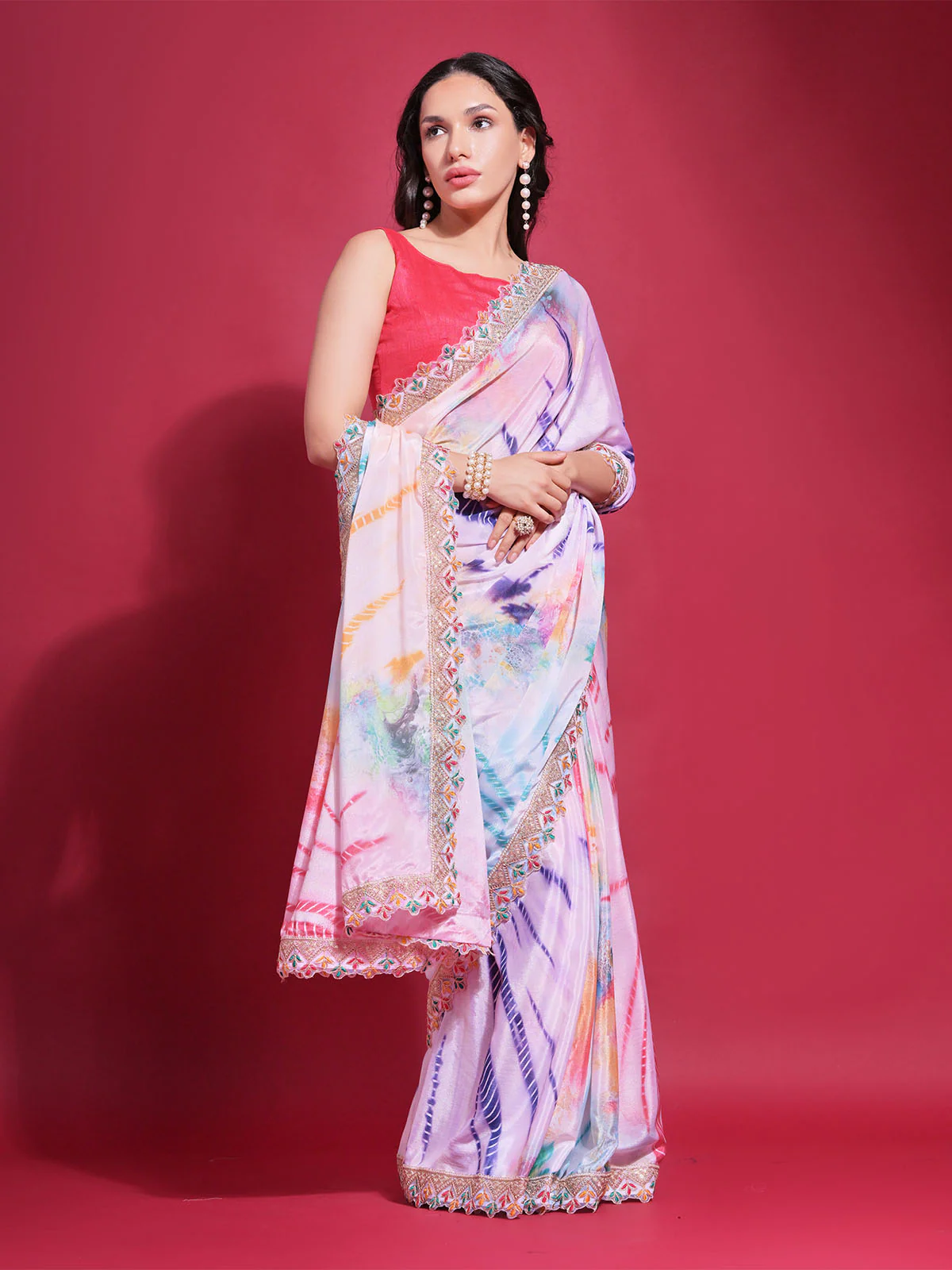 Odette Multicolor Printed Chiffon Saree With Unstitched Blouse For Women - Image 3