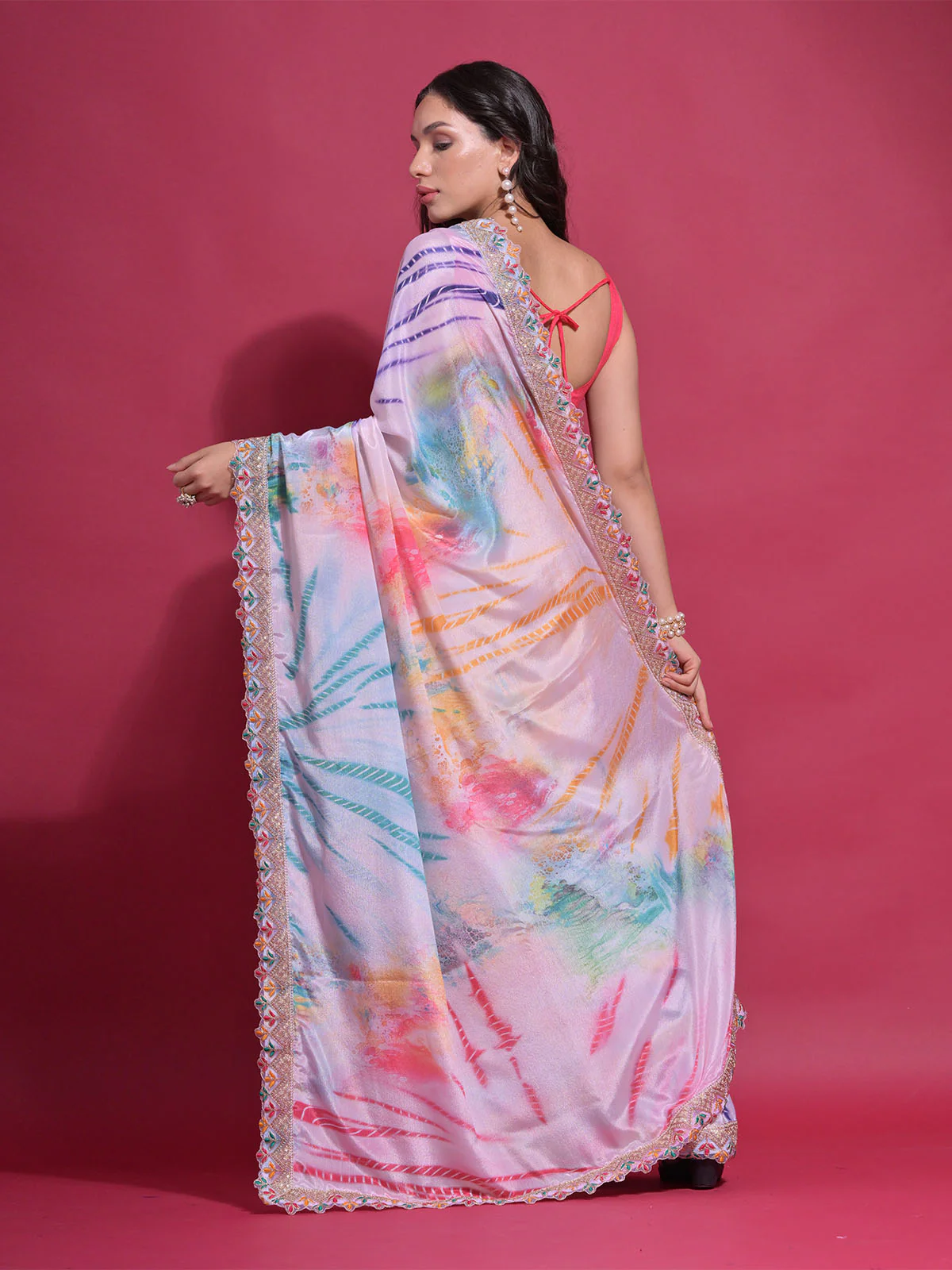 Odette Multicolor Printed Chiffon Saree With Unstitched Blouse For Women - Image 5