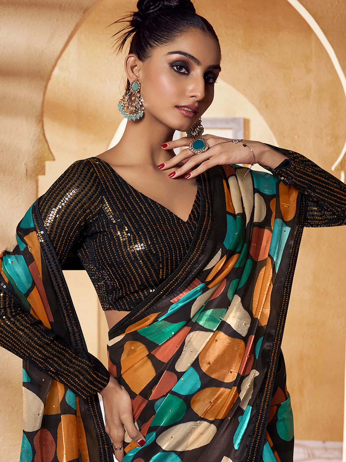 Odette Multicolor Satin Printed Saree with Unstitched Blouse For Women - Image 2