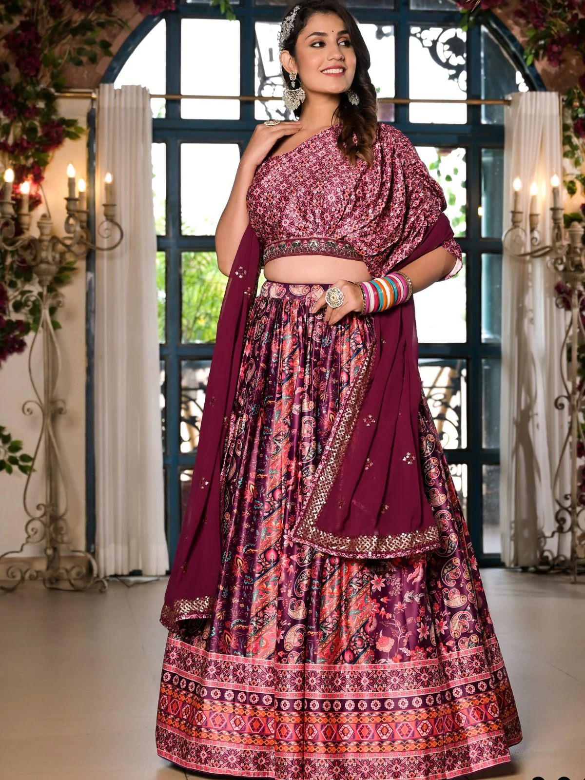 Odette Multicolor Satin Printed Stitched Lehenga Choli Set For Women - Image 2