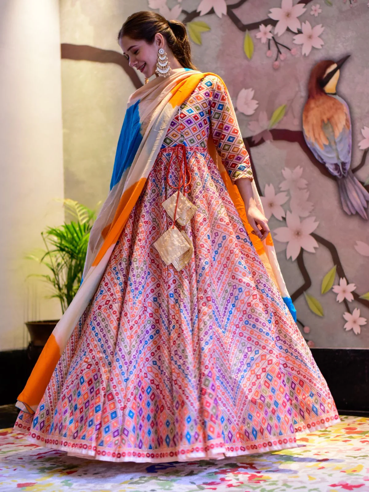 Odette Multi Silk Blend Printed Gown with Dupatta For Women - Image 3