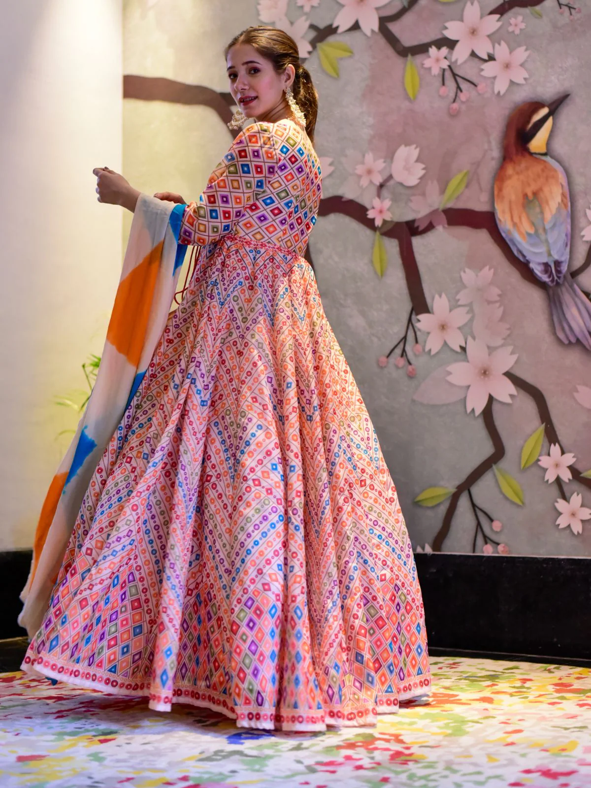 Odette Multi Silk Blend Printed Gown with Dupatta For Women - Image 4