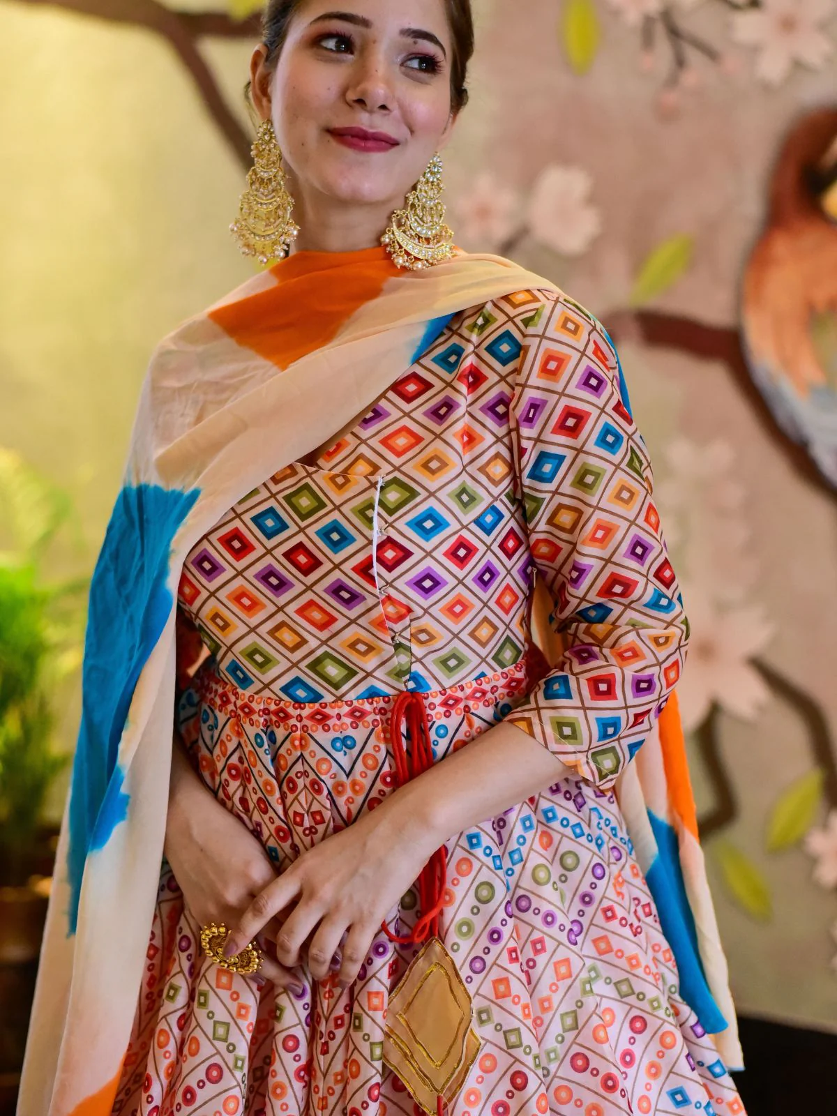 Odette Multi Silk Blend Printed Gown with Dupatta For Women - Image 5