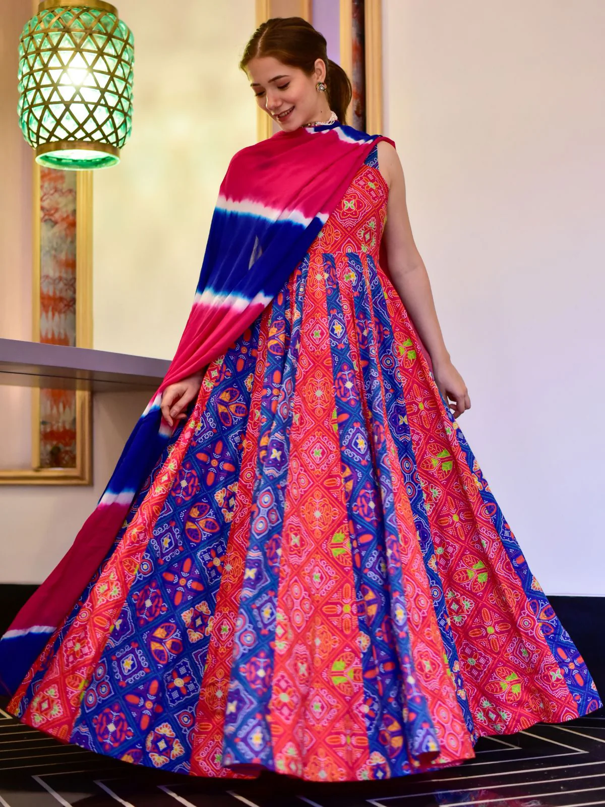 Odette Multi Silk Blend Printed Gown with Dupatta For Women - Image 2