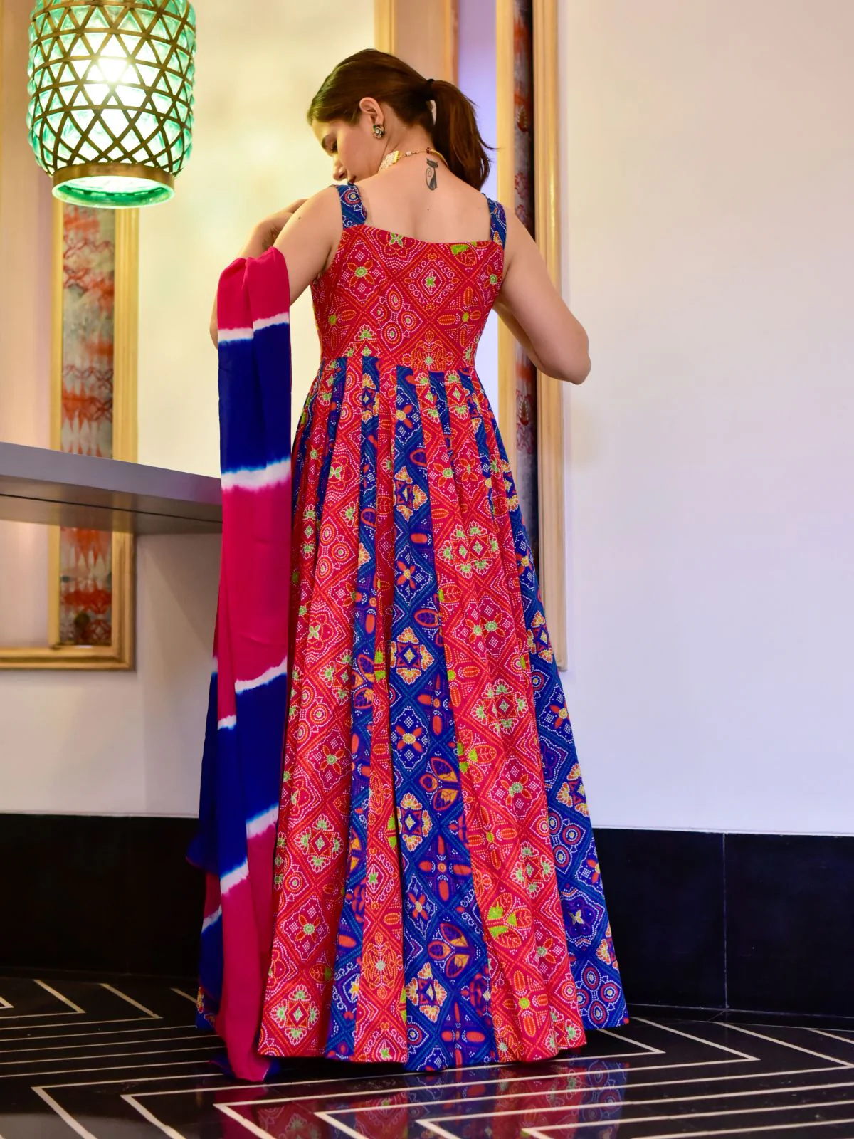 Odette Multi Silk Blend Printed Gown with Dupatta For Women - Image 3