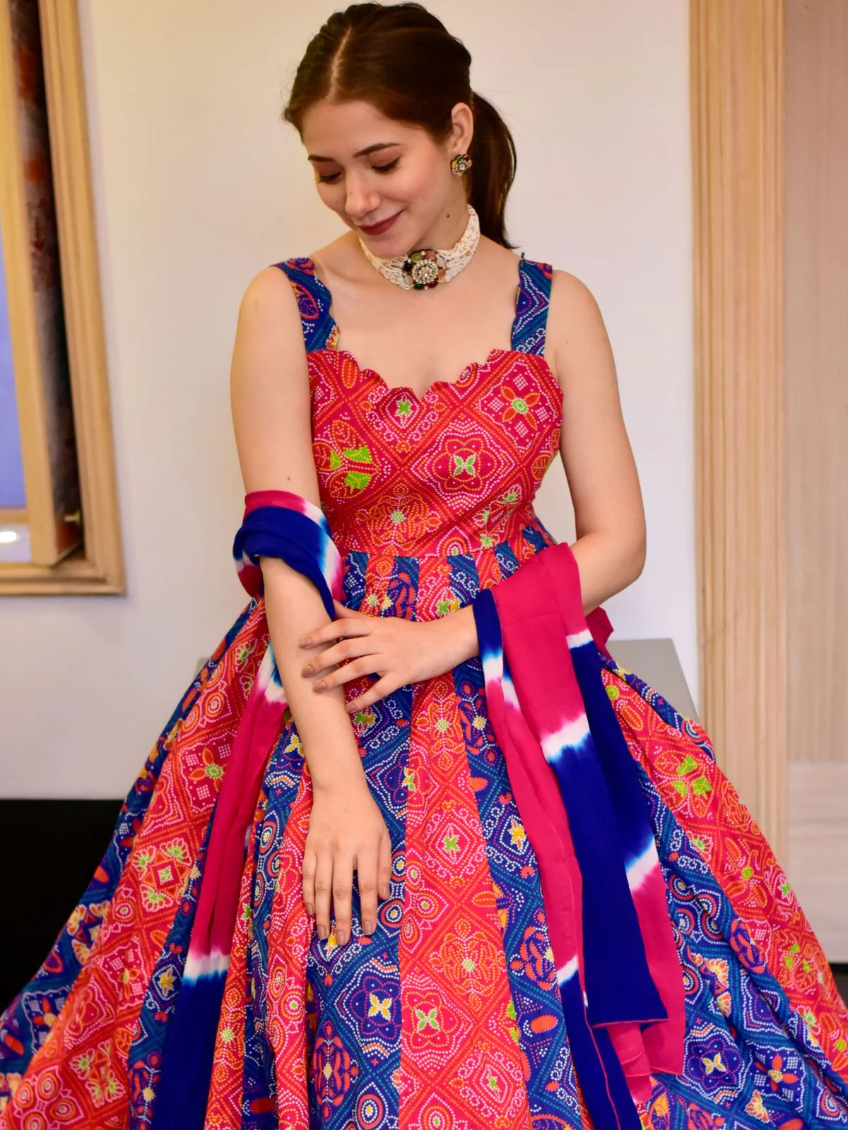 Odette Multi Silk Blend Printed Gown with Dupatta For Women - Image 4