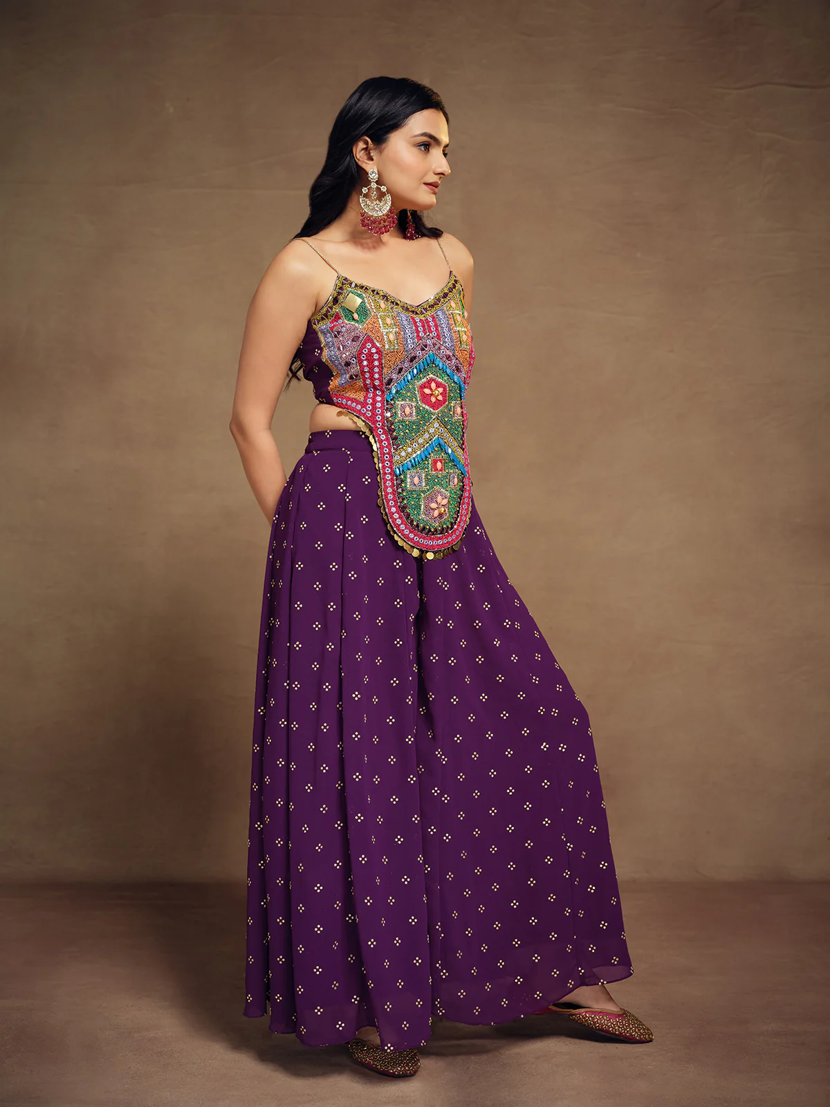 Odette Purple Art Silk Embroidered Indo Western Co ord Set For Women - Image 3
