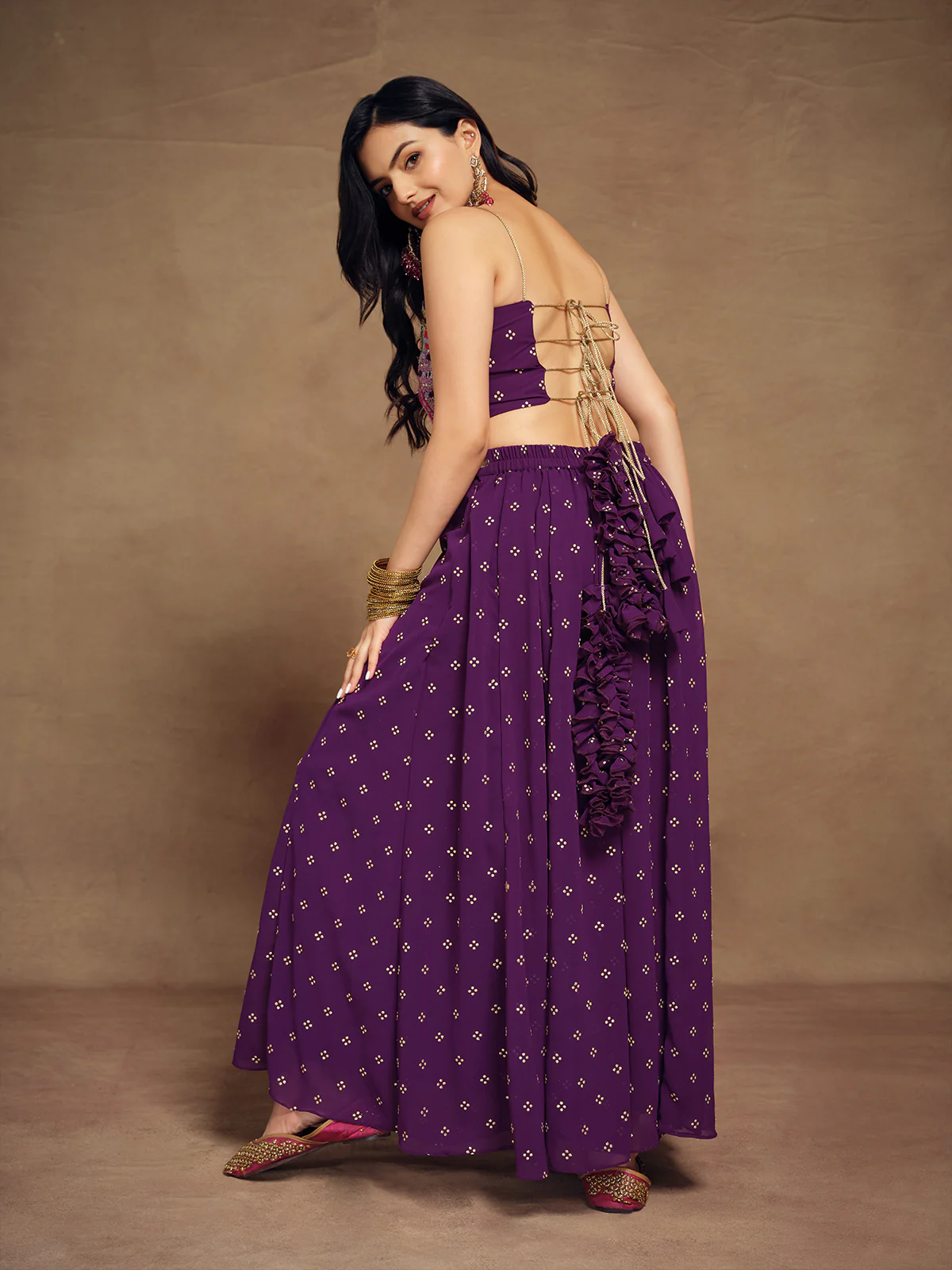 Odette Purple Art Silk Embroidered Indo Western Co ord Set For Women - Image 4