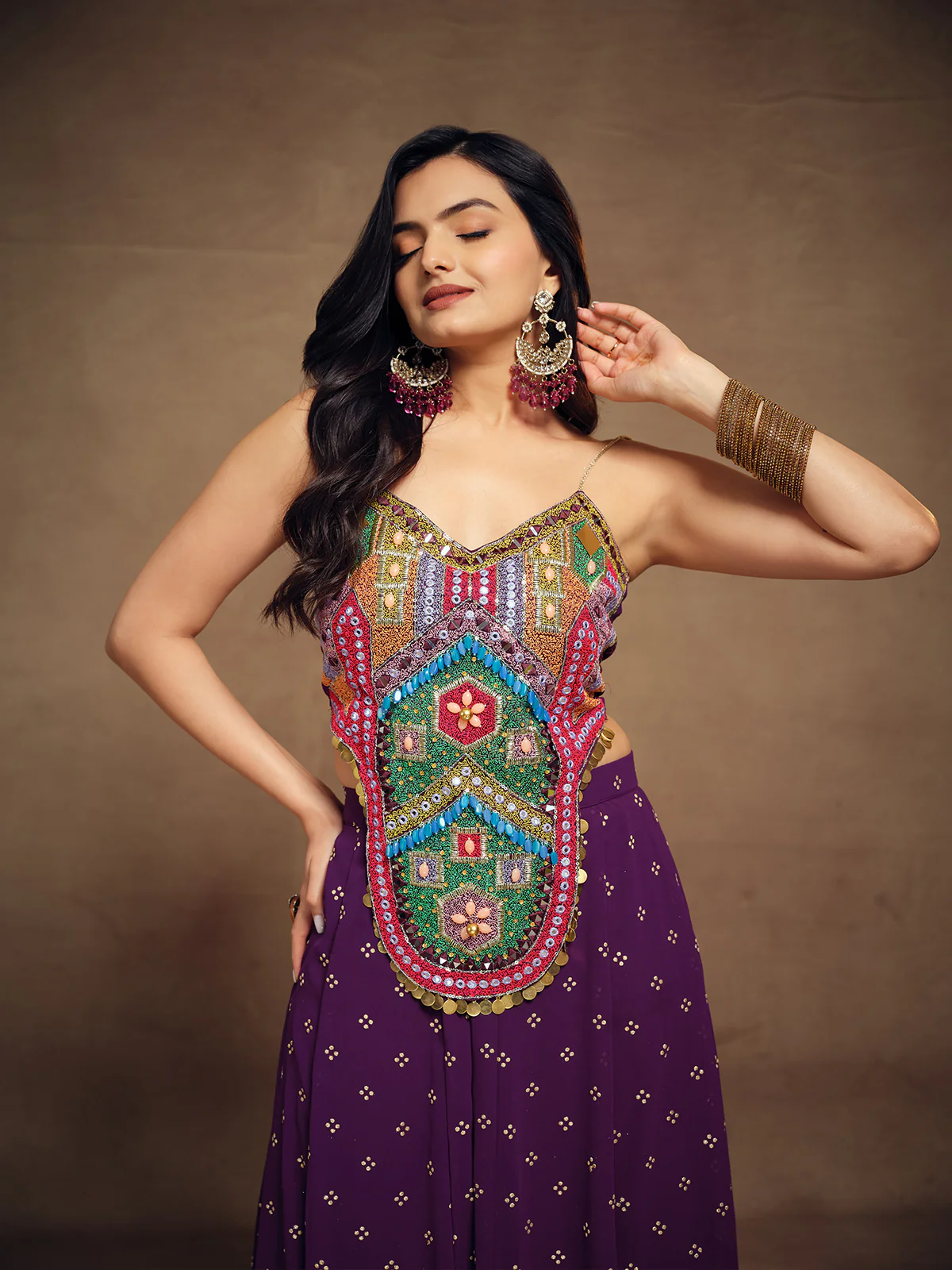 Odette Purple Art Silk Embroidered Indo Western Co ord Set For Women - Image 5