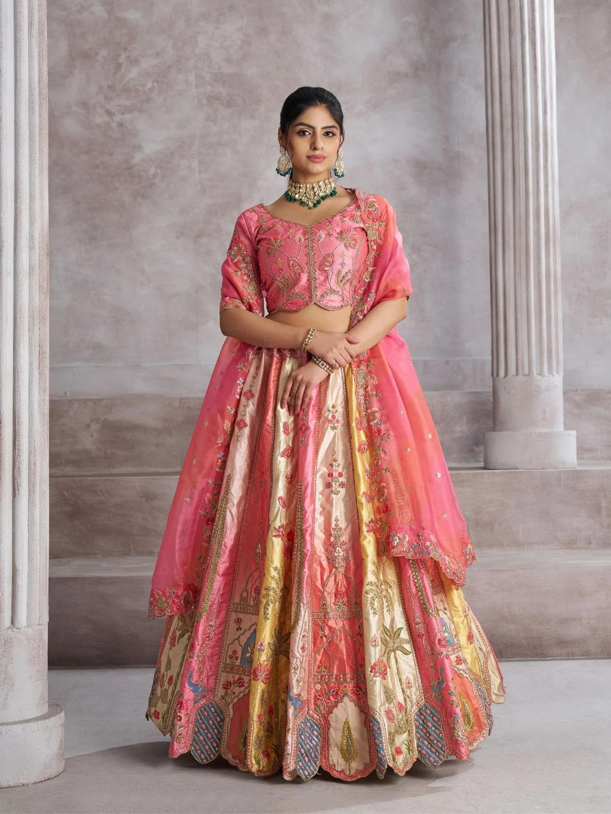 Odette Multicolor Banarasi Silk Embroidered Semi-Stitched Lehenga For Women
