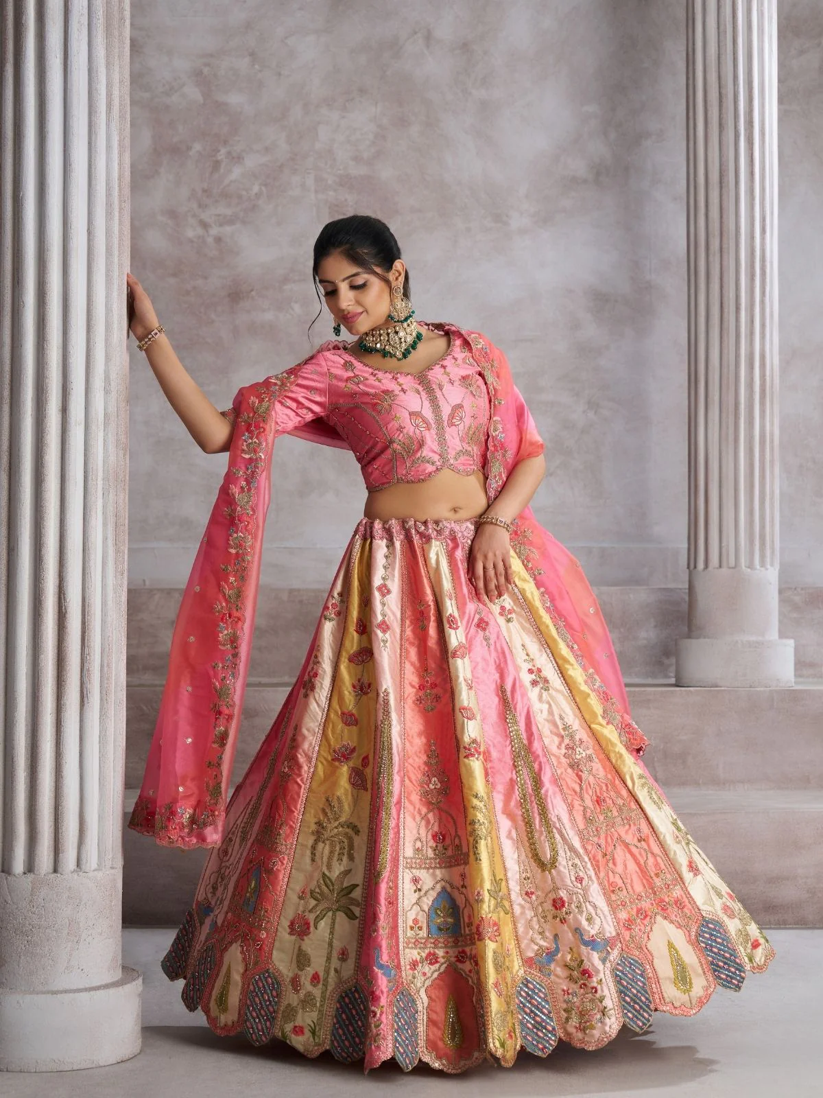 Odette Multicolor Banarasi Silk Embroidered Semi-Stitched Lehenga For Women - Image 2