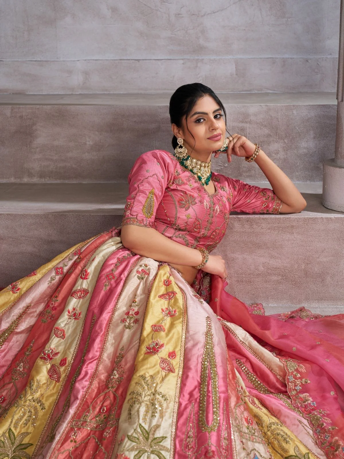 Odette Multicolor Banarasi Silk Embroidered Semi-Stitched Lehenga For Women - Image 4