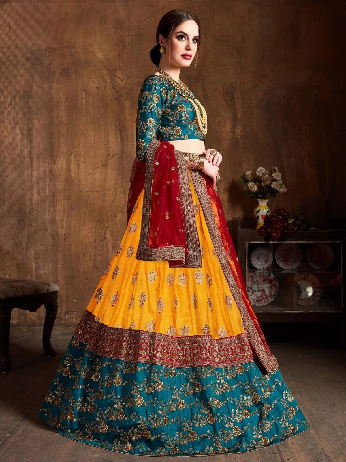 Odette Multicolor Banarasi Silk Embroidered Semi Stitched Lehenga With Blouse For Women - Image 2