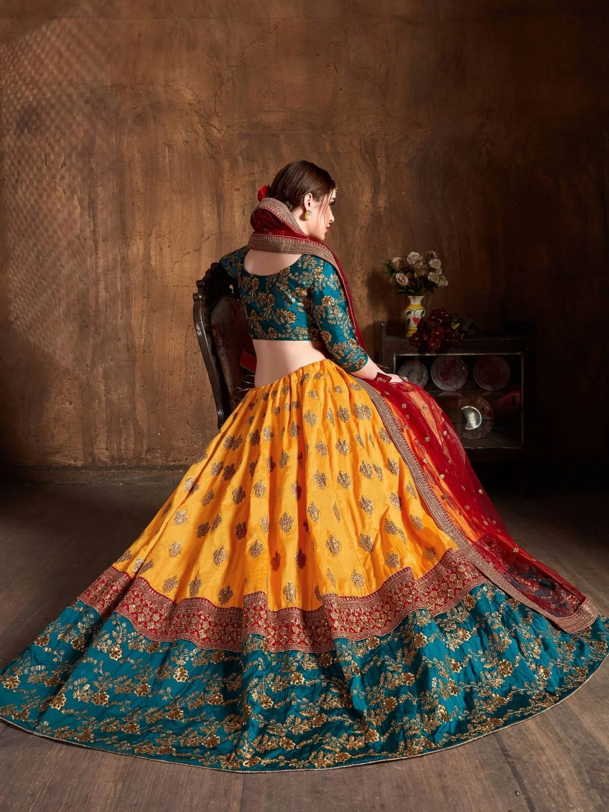 Odette Multicolor Banarasi Silk Embroidered Semi Stitched Lehenga With Blouse For Women - Image 4