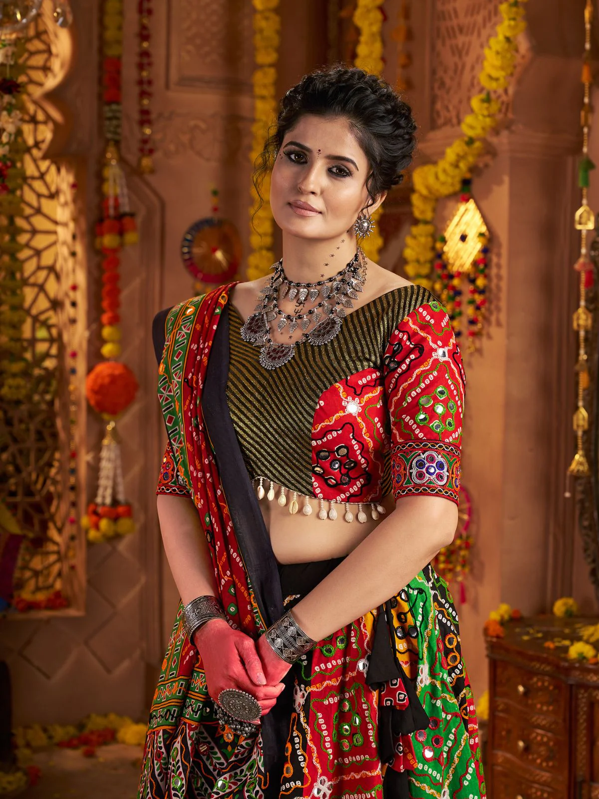 Odette Multicolor Cotton Blend Embroidered Semi-Stitched lehenga For Women - Image 3