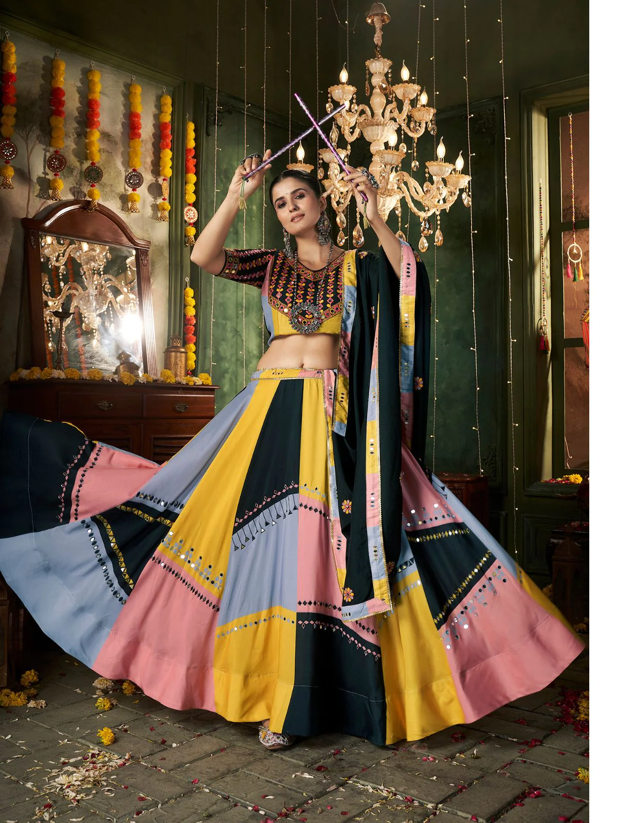 Odette Multicolor Cotton Blend Printed Stitched Lehenga With Blouse For Women - Image 2
