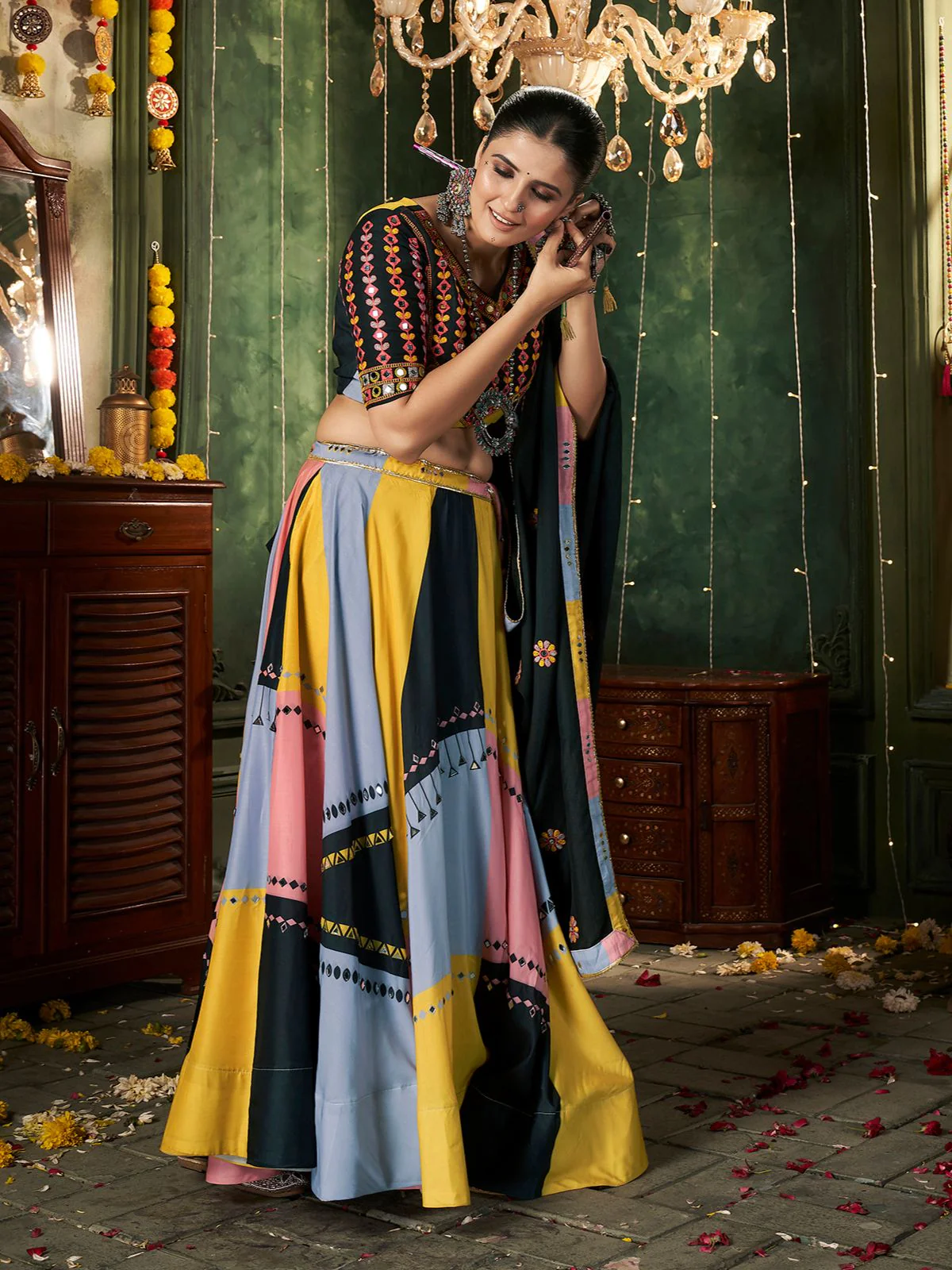 Odette Multicolor Cotton Blend Printed Stitched Lehenga With Blouse For Women - Image 3