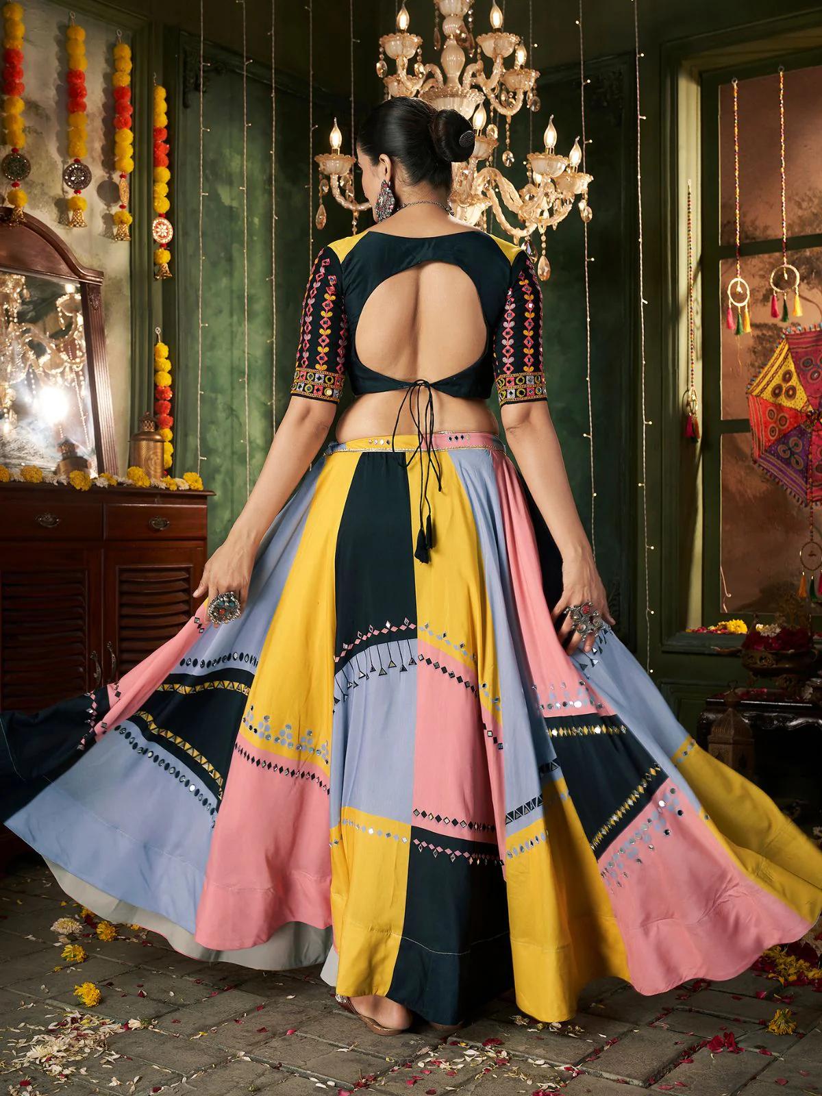 Odette Multicolor Cotton Blend Printed Stitched Lehenga With Blouse For Women - Image 4