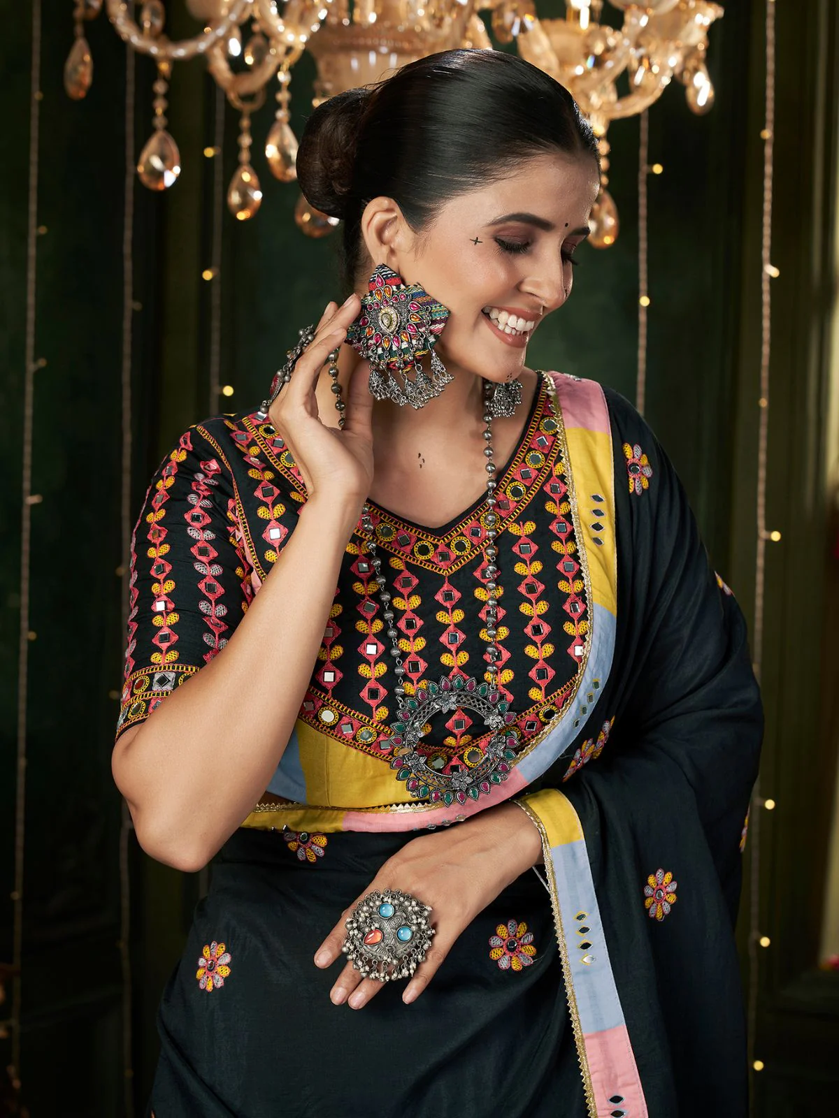 Odette Multicolor Cotton Blend Printed Stitched Lehenga With Blouse For Women - Image 5