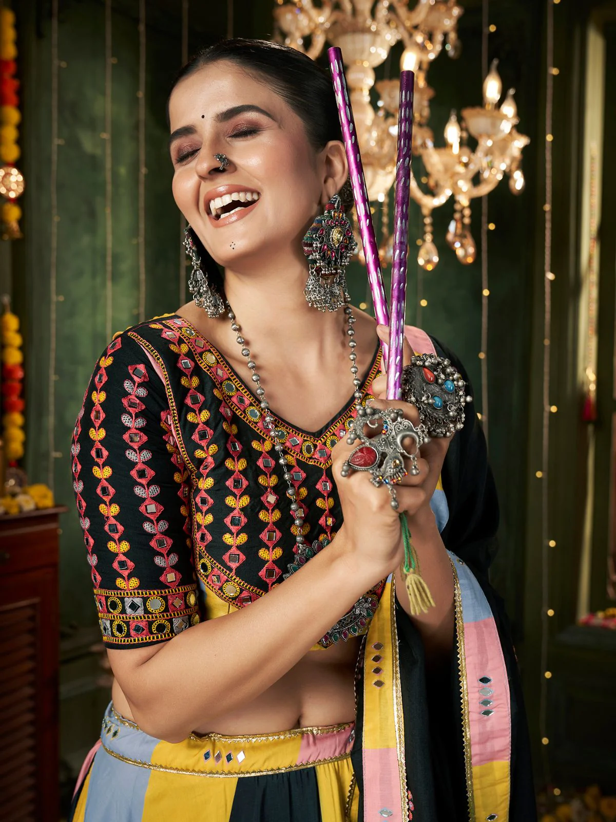Odette Multicolor Cotton Blend Printed Stitched Lehenga With Blouse For Women - Image 6