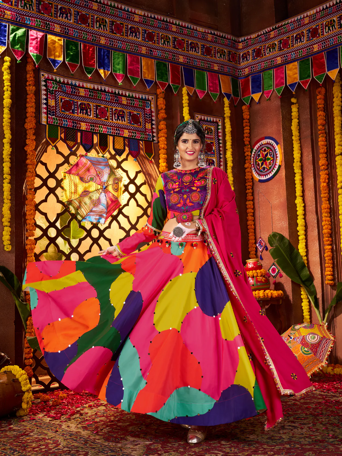 Odette Multicolor Cotton Blend Printed With Mirror Work Semi-Stitched lehenga For Women