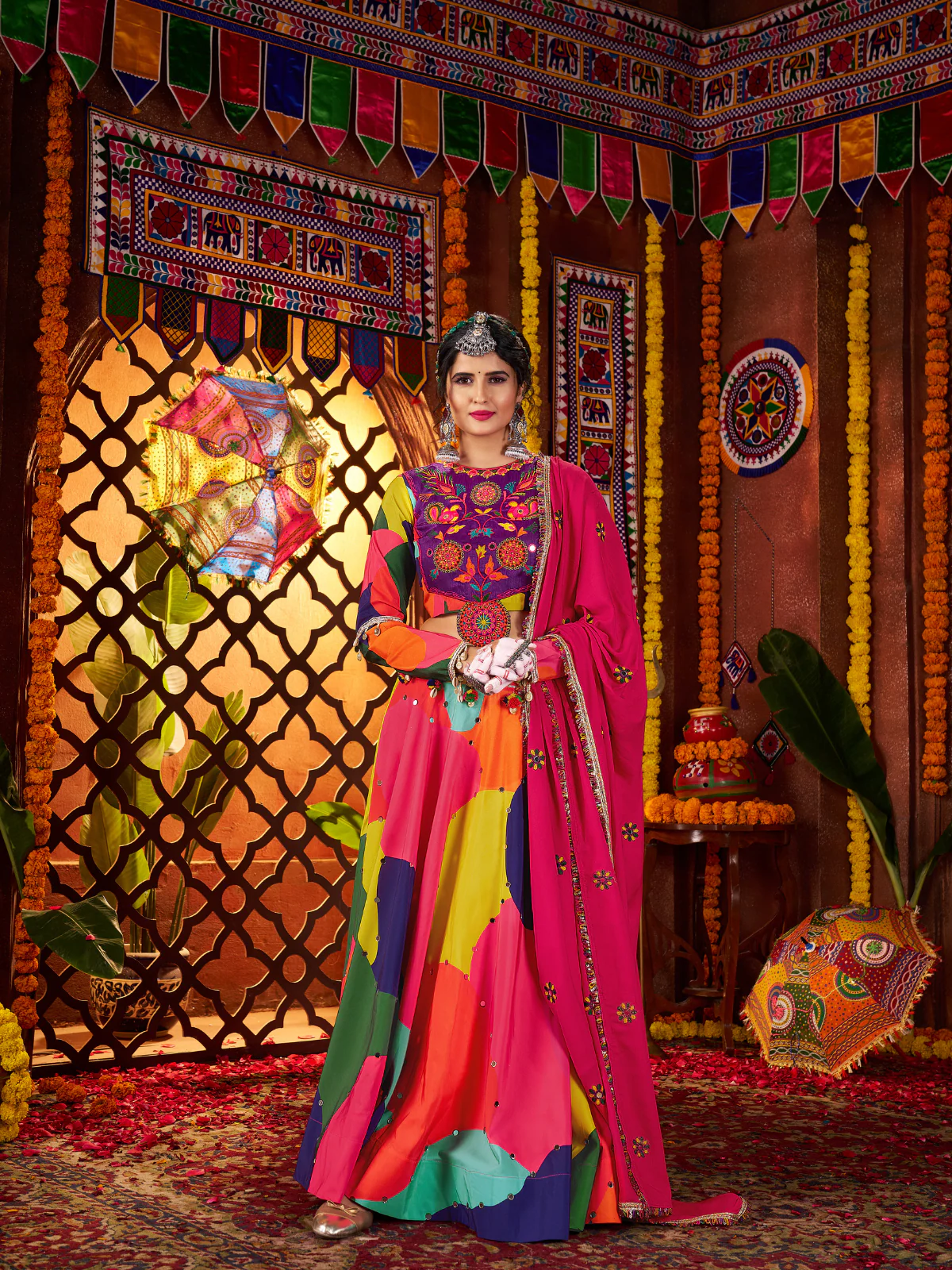 Odette Multicolor Cotton Blend Printed With Mirror Work Semi-Stitched lehenga For Women - Image 2