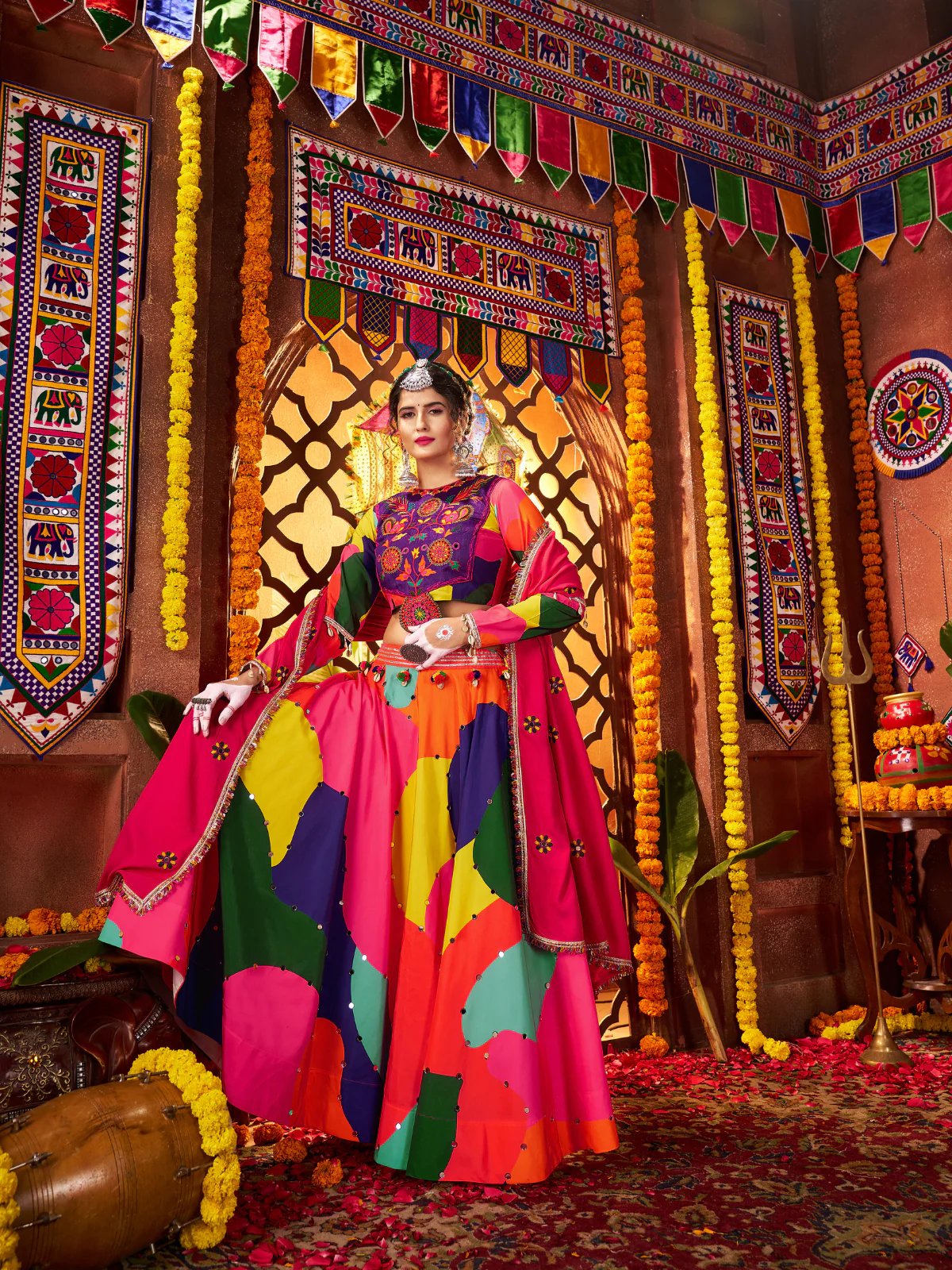 Odette Multicolor Cotton Blend Printed With Mirror Work Semi-Stitched lehenga For Women - Image 3