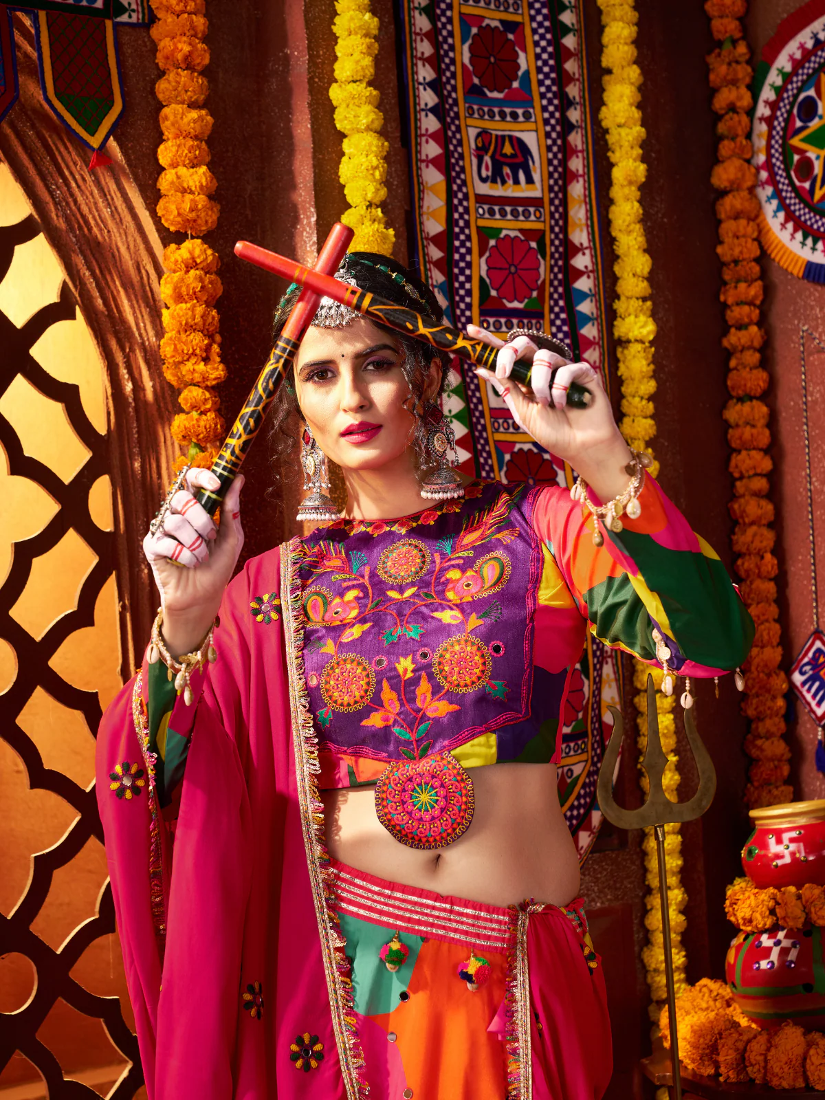 Odette Multicolor Cotton Blend Printed With Mirror Work Semi-Stitched lehenga For Women - Image 4