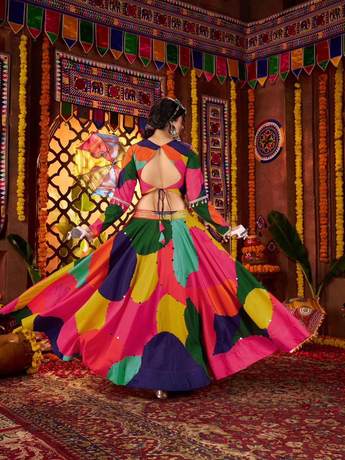 Odette Multicolor Cotton Blend Printed With Mirror Work Semi-Stitched lehenga For Women - Image 6