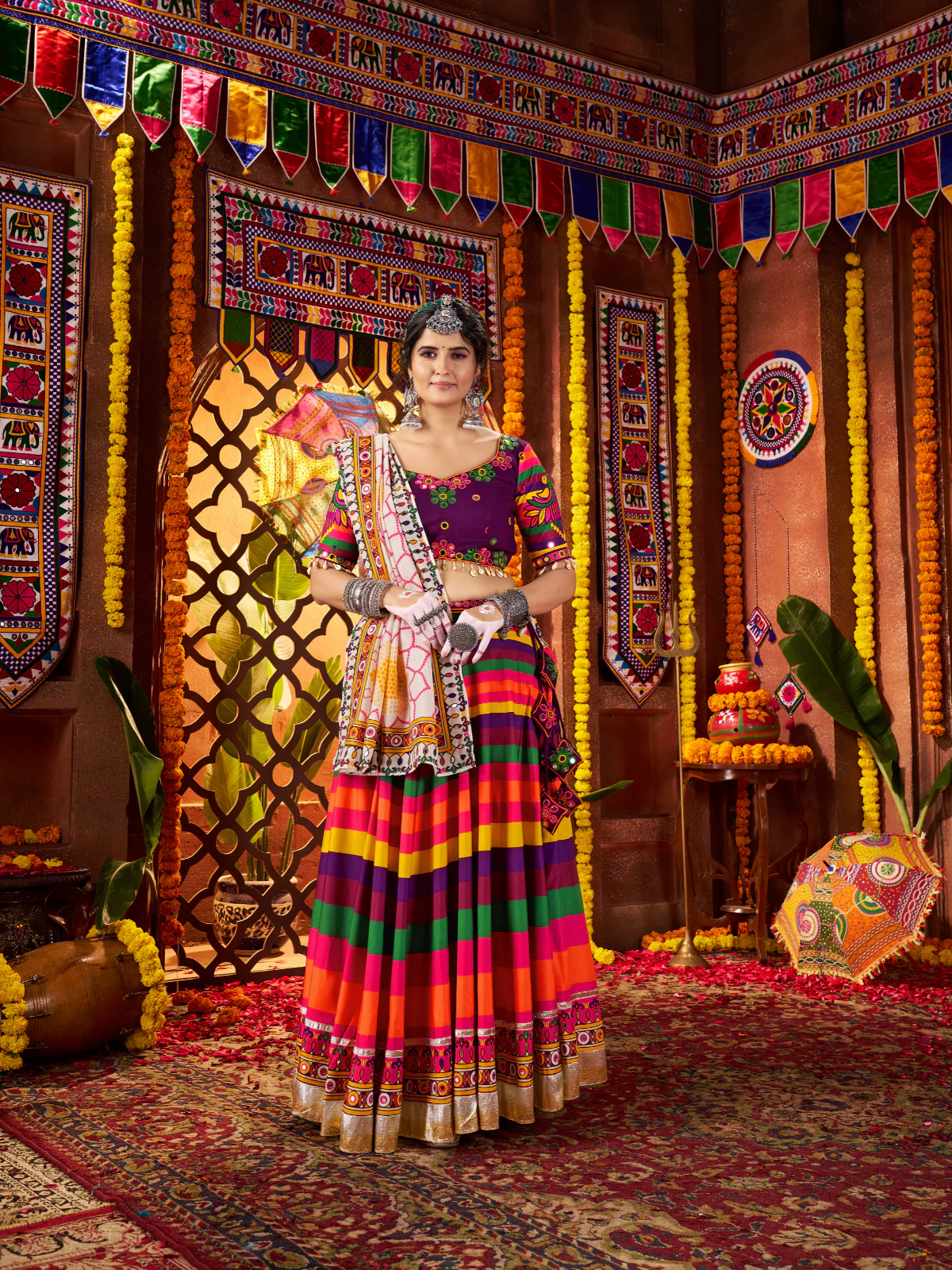 Odette Multicolor Cotton Blend Printed With Mirror Work Semi-Stitched lehenga For Women