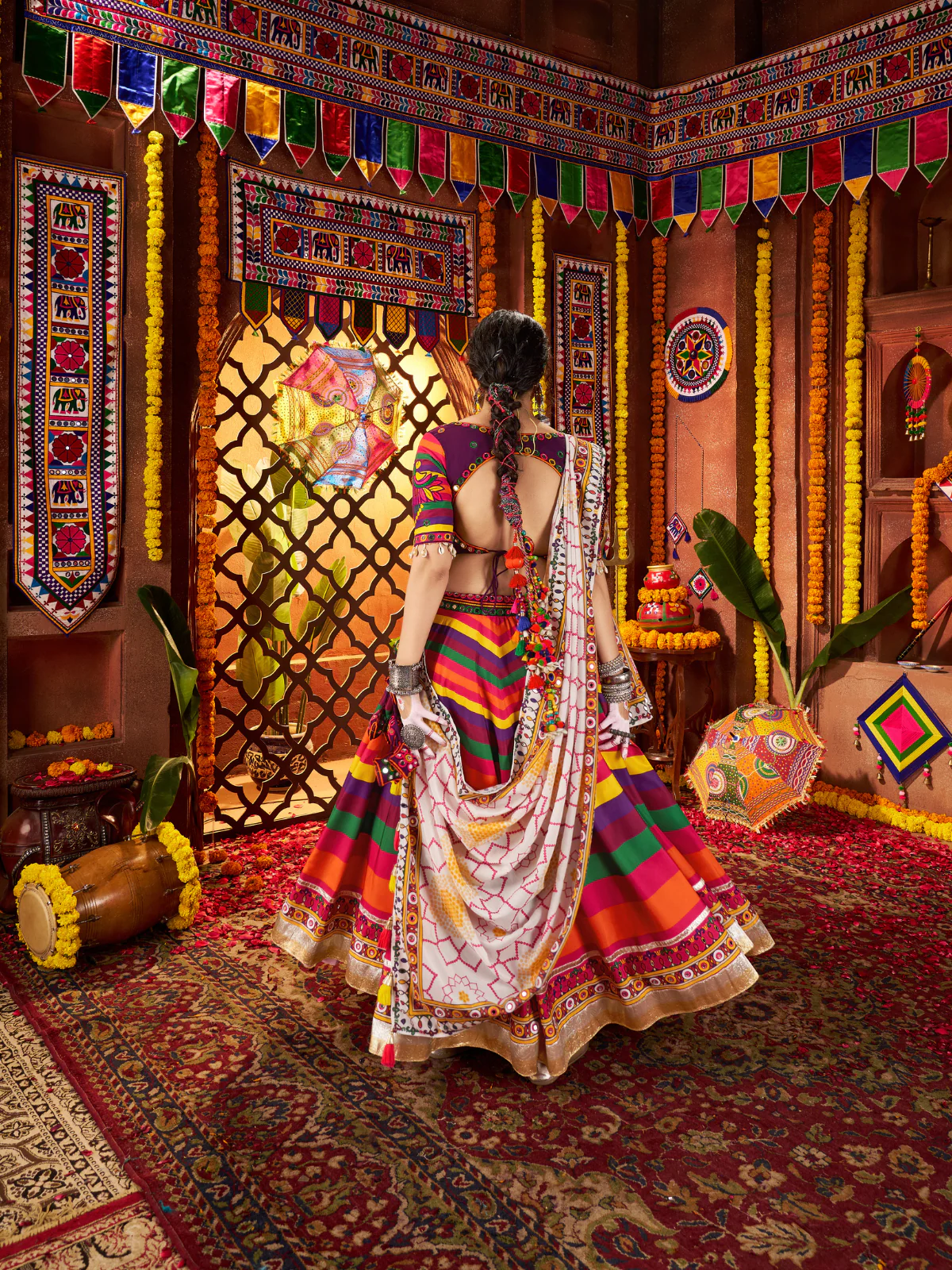Odette Multicolor Cotton Blend Printed With Mirror Work Semi-Stitched lehenga For Women - Image 2