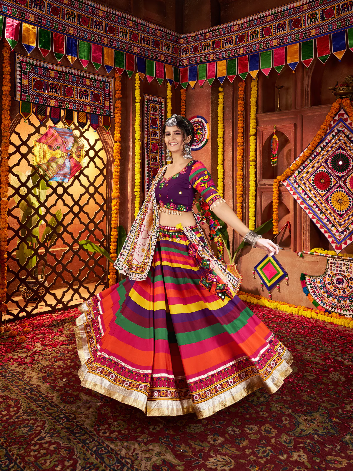 Odette Multicolor Cotton Blend Printed With Mirror Work Semi-Stitched lehenga For Women - Image 3