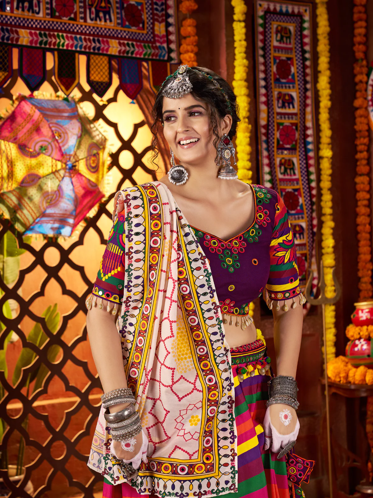 Odette Multicolor Cotton Blend Printed With Mirror Work Semi-Stitched lehenga For Women - Image 4