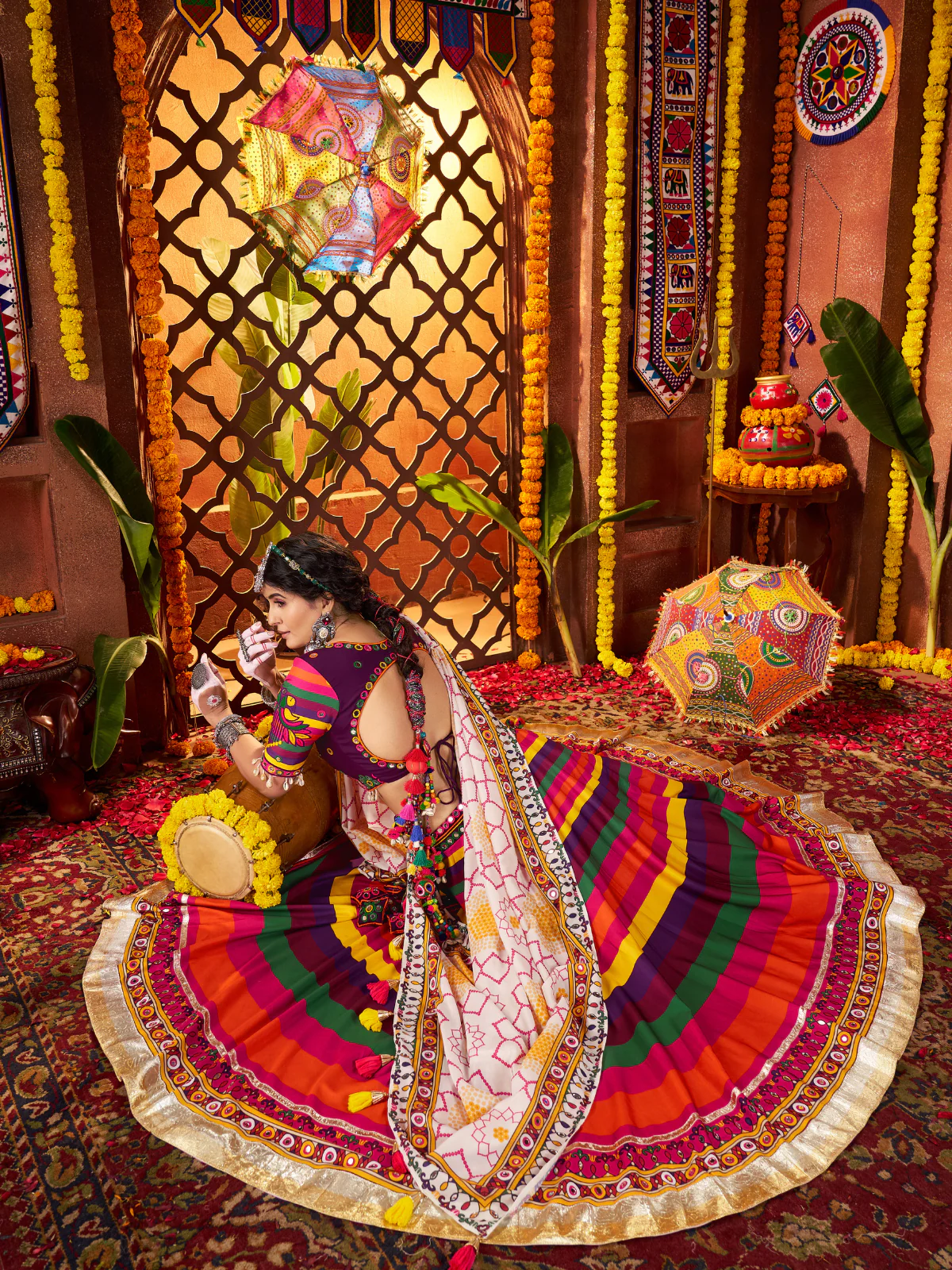 Odette Multicolor Cotton Blend Printed With Mirror Work Semi-Stitched lehenga For Women - Image 5