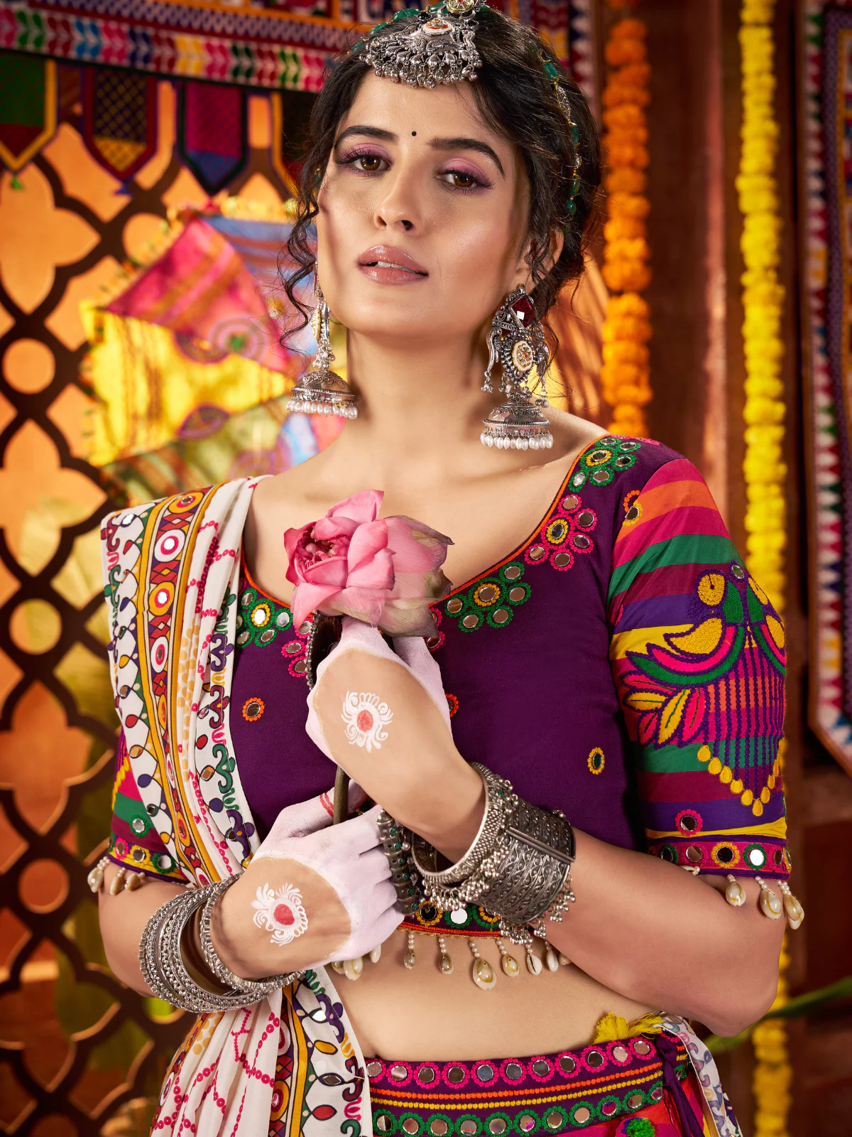Odette Multicolor Cotton Blend Printed With Mirror Work Semi-Stitched lehenga For Women - Image 6