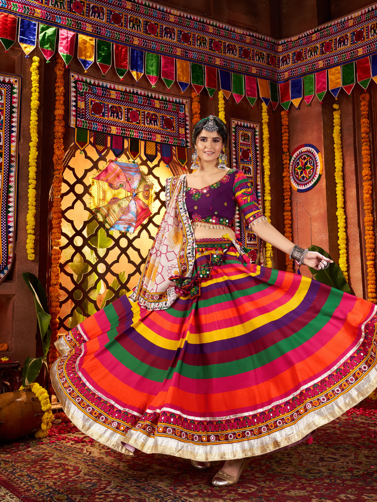 Odette Multicolor Cotton Blend Printed With Mirror Work Semi-Stitched lehenga For Women - Image 7
