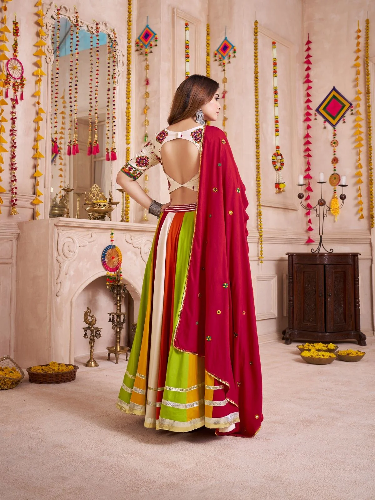 Odette Multicolor Cotton Blend Solid With Golden Border Semi-Stitched Lehenga For Women - Image 2