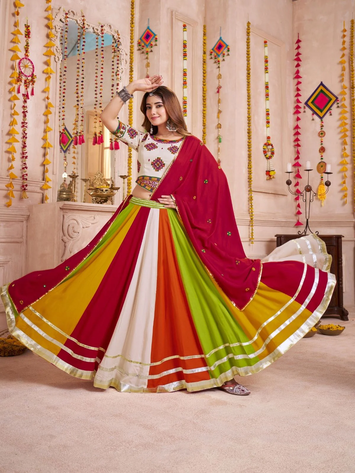 Odette Multicolor Cotton Blend Solid With Golden Border Semi-Stitched Lehenga For Women - Image 3