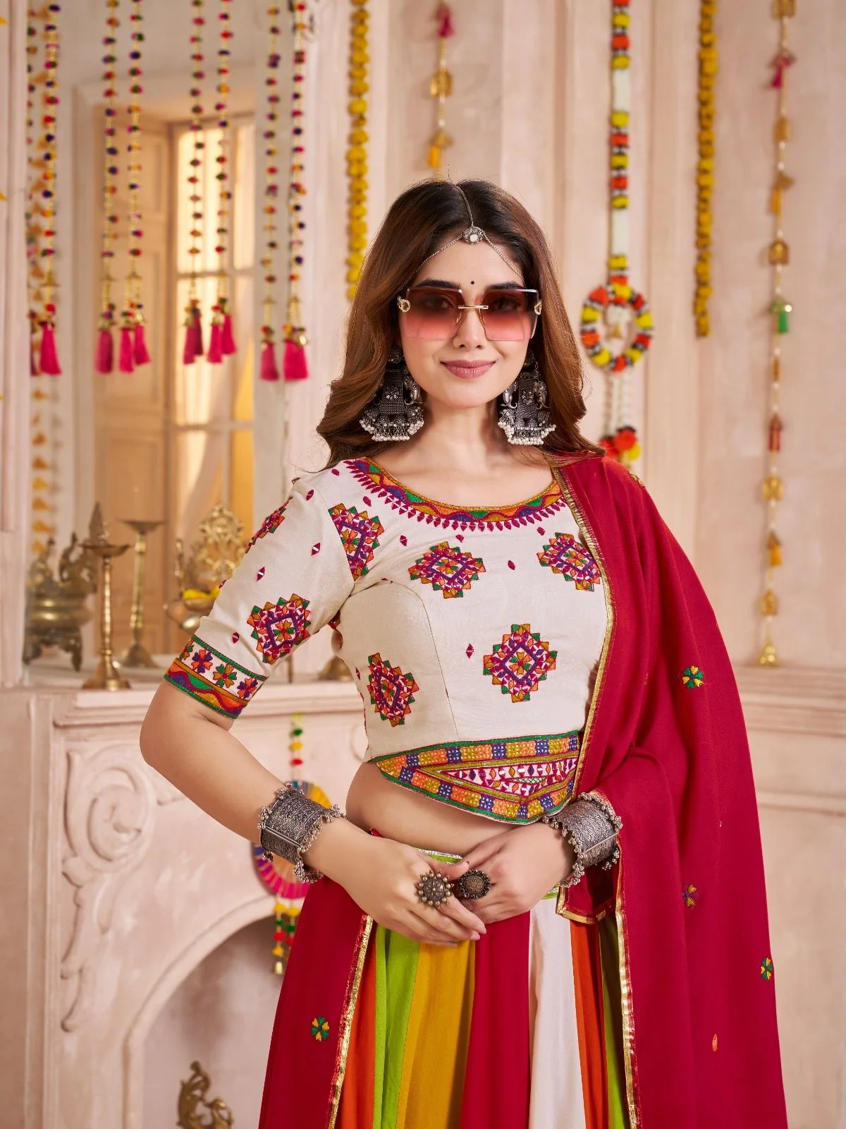 Odette Multicolor Cotton Blend Solid With Golden Border Semi-Stitched Lehenga For Women - Image 4