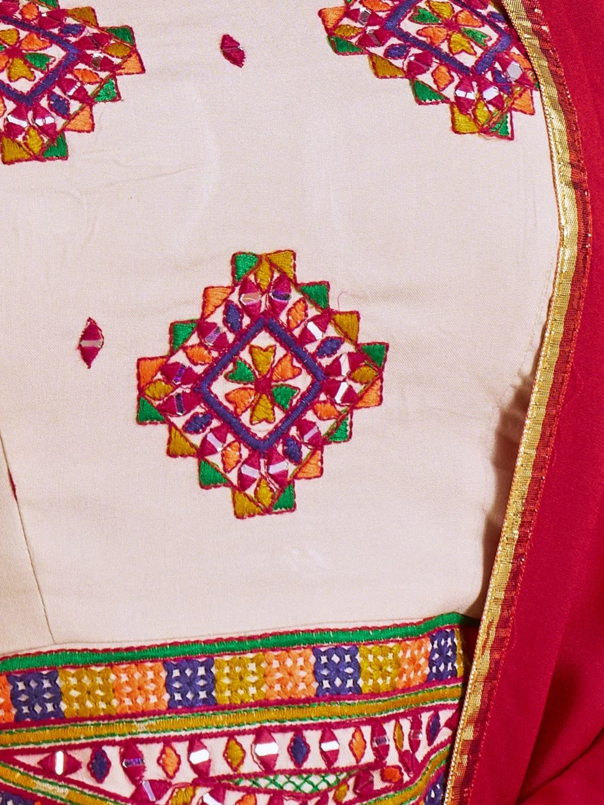 Odette Multicolor Cotton Blend Solid With Golden Border Semi-Stitched Lehenga For Women - Image 5