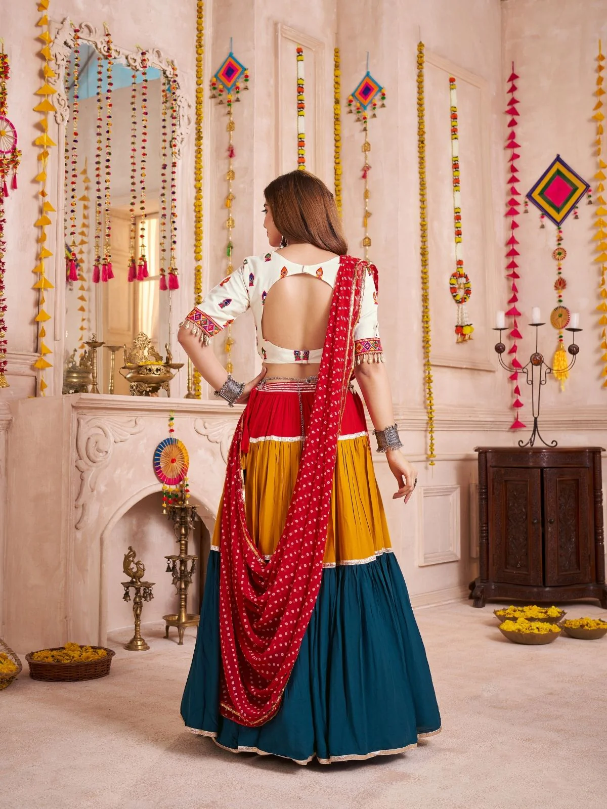 Odette Multicolor Cotton Blend Solid With Golden Border Semi-Stitched Lehenga For Women - Image 2