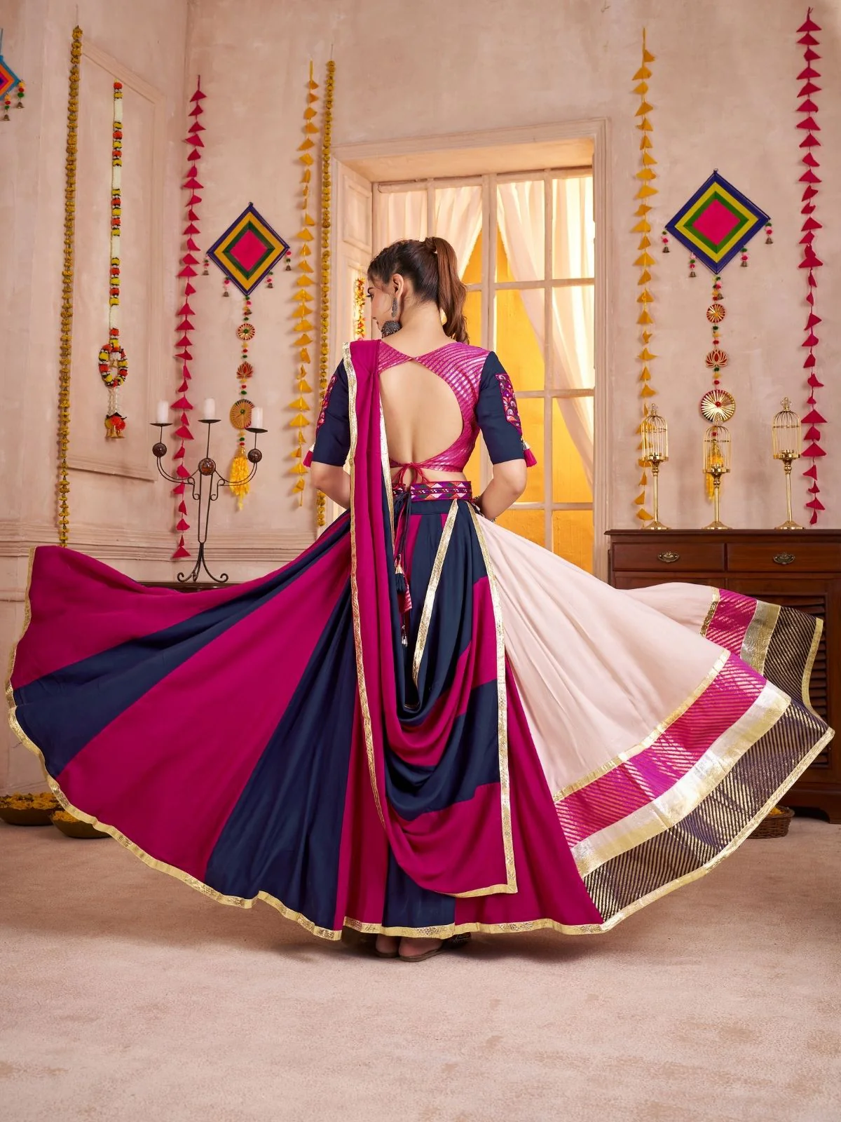 Odette Multicolor Cotton Blend Solid With Golden Border Semi-Stitched Lehenga For Women - Image 2