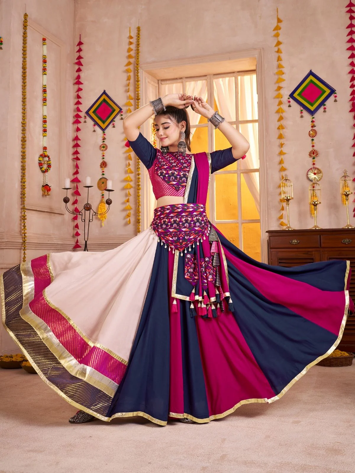 Odette Multicolor Cotton Blend Solid With Golden Border Semi-Stitched Lehenga For Women - Image 3