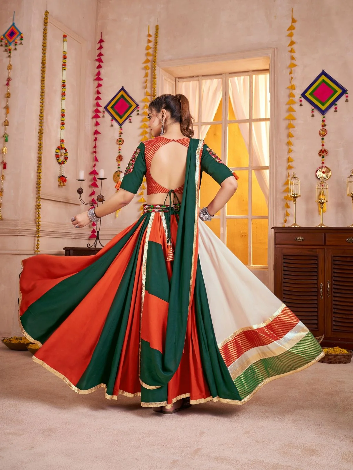 Odette Multicolor Cotton Blend Solid With Golden Border Semi-Stitched Lehenga For Women - Image 2