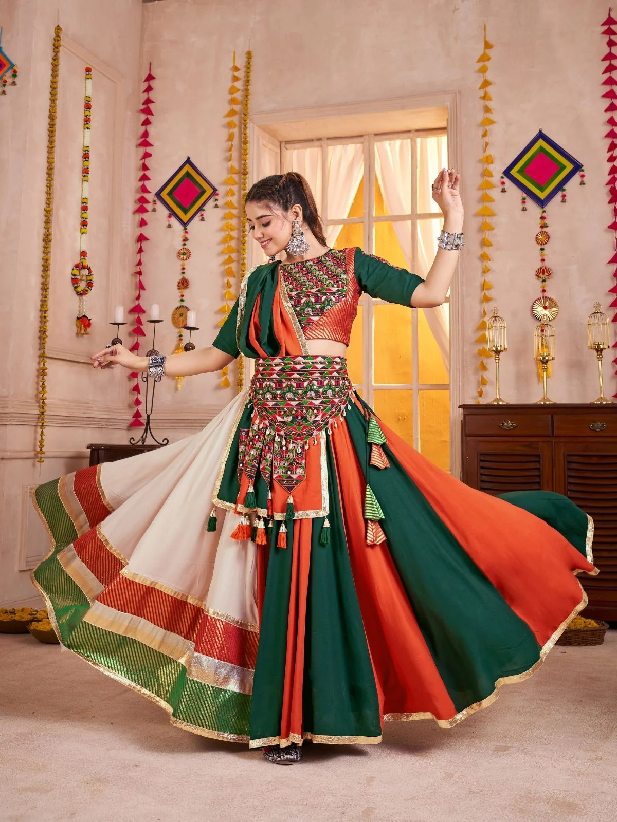 Odette Multicolor Cotton Blend Solid With Golden Border Semi-Stitched Lehenga For Women - Image 3