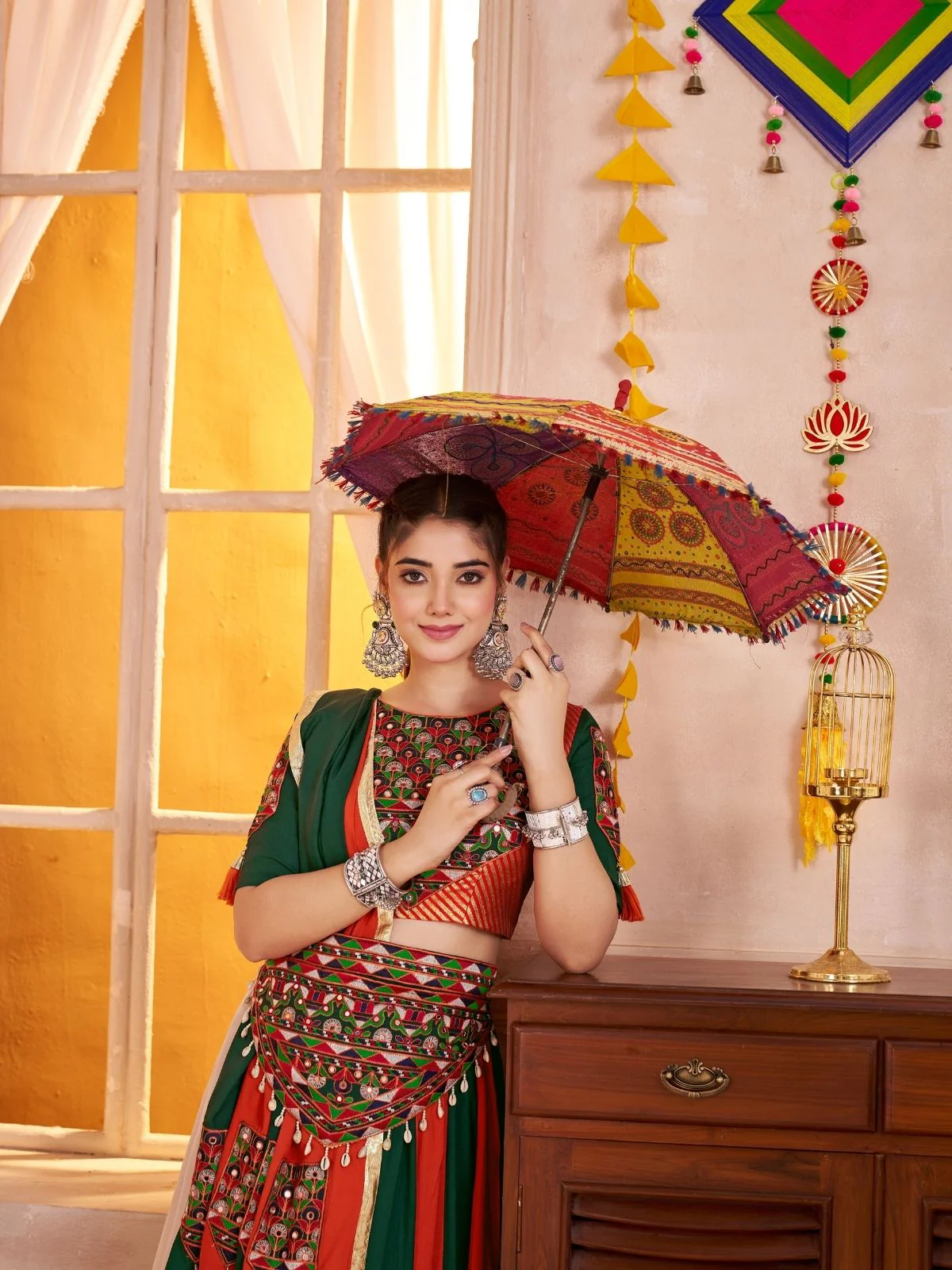 Odette Multicolor Cotton Blend Solid With Golden Border Semi-Stitched Lehenga For Women - Image 4