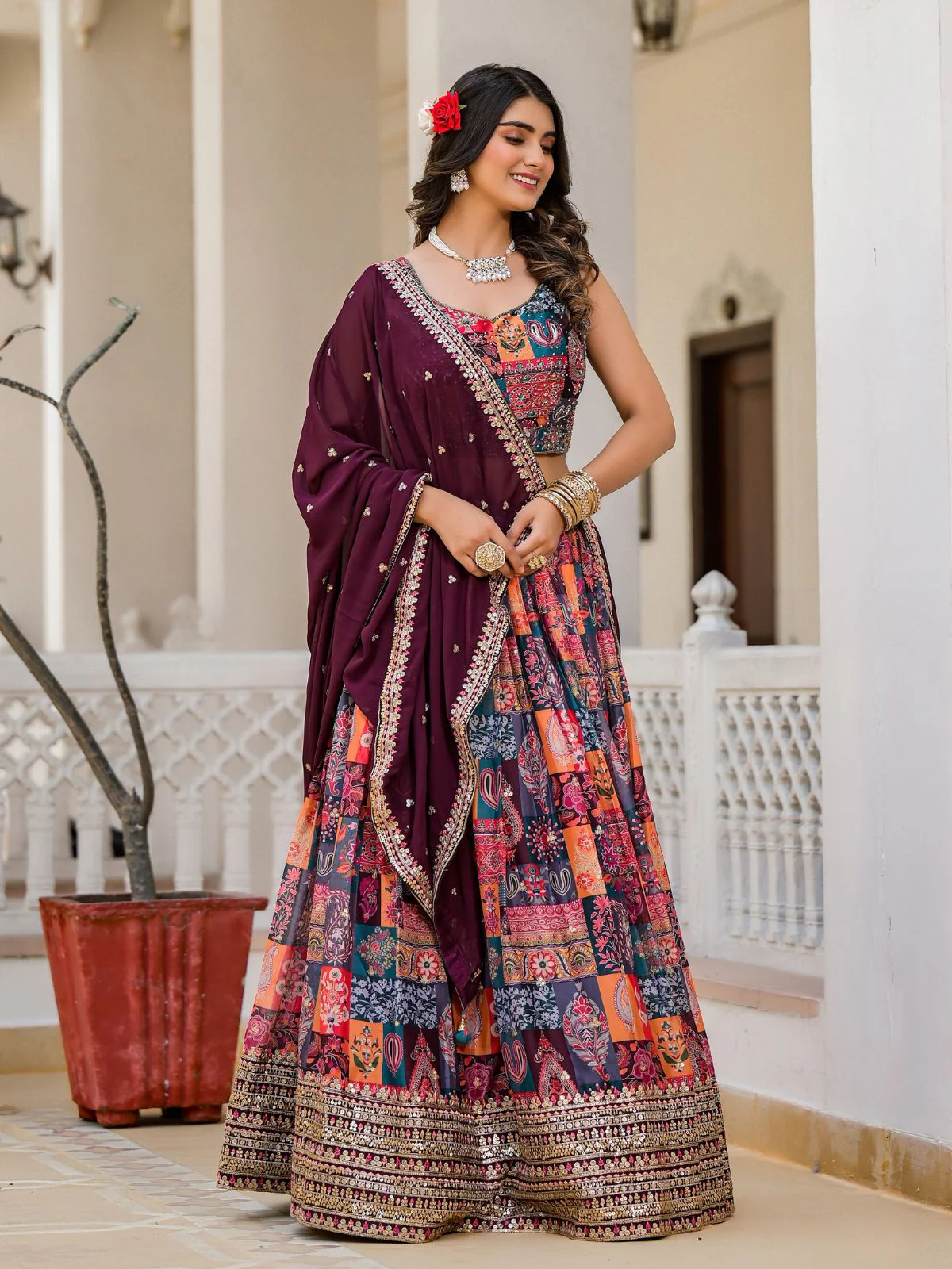 Odette Multicolor Georgette  Digital Printed With Sequins Work Stitched lehenga For Women - Image 2