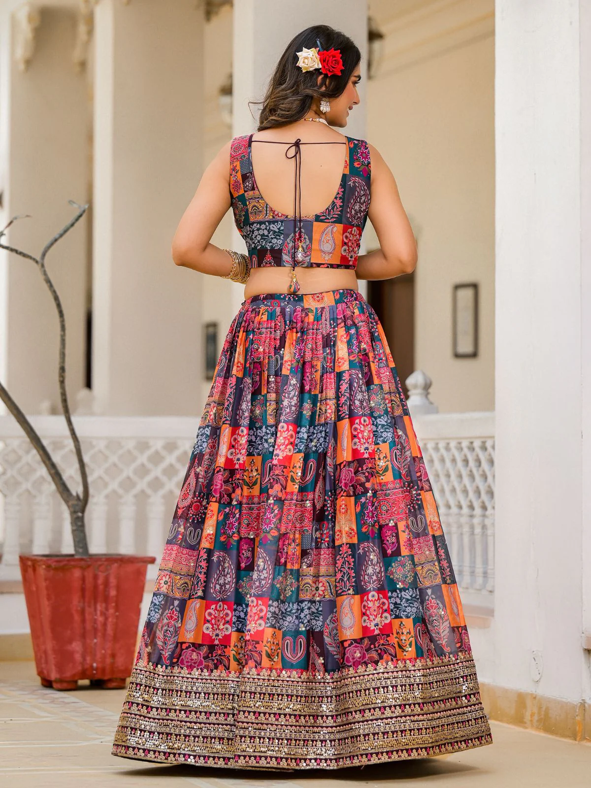 Odette Multicolor Georgette  Digital Printed With Sequins Work Stitched lehenga For Women - Image 5