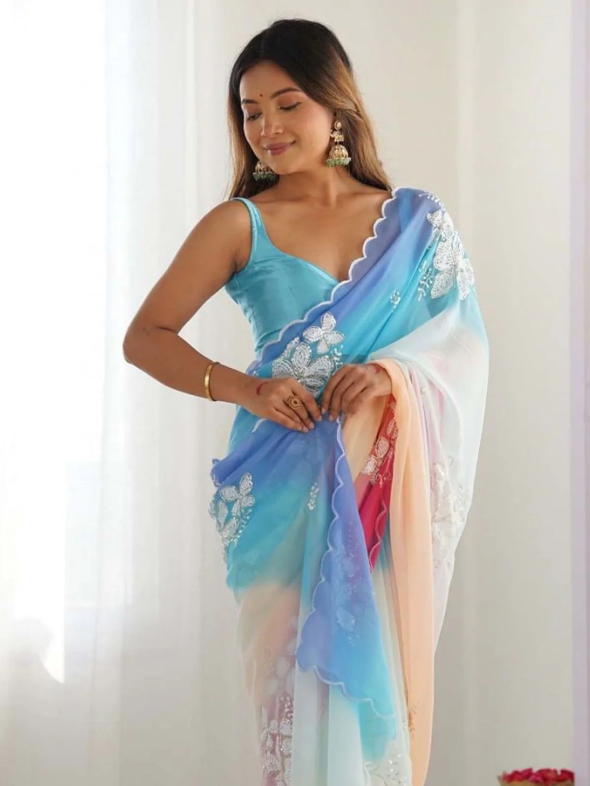 Odette Multicolor Georgette Embroidered Saree For Women - Image 2