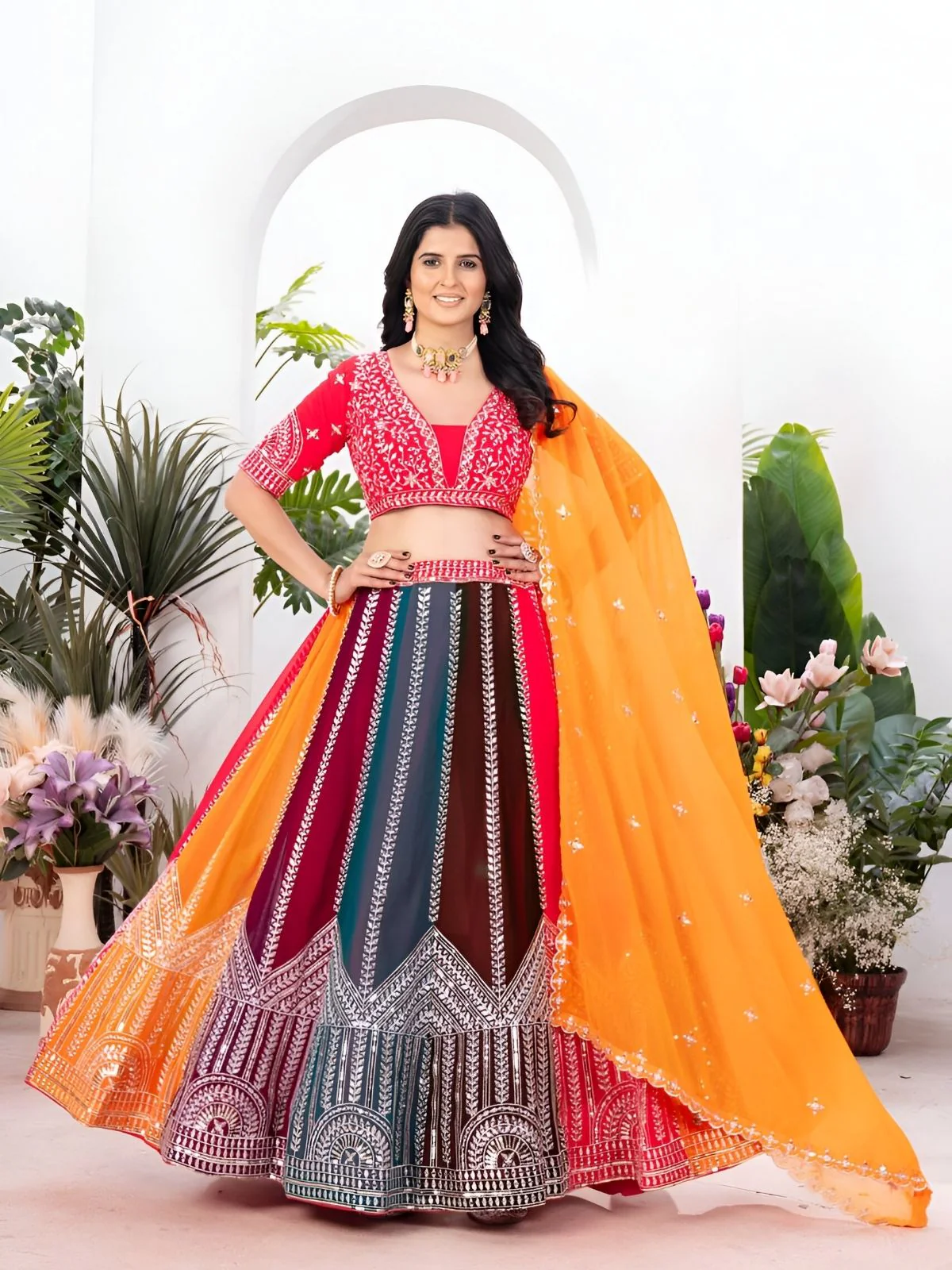Odette Multicolor Georgette Embroidered Semi-Stitched lehenga For Women - Image 2